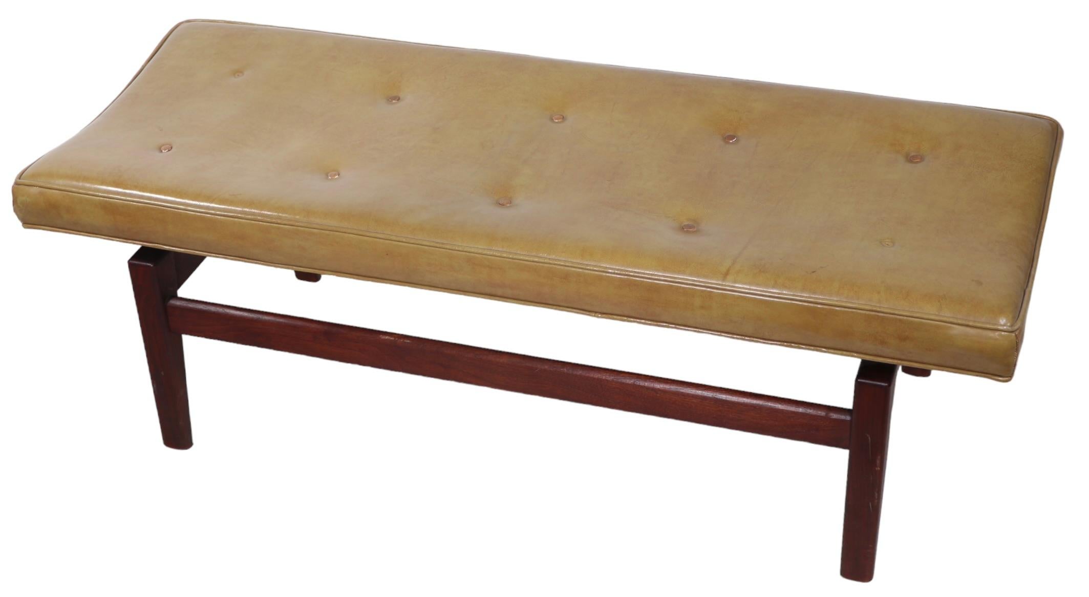   Architectural Mid Century Jens Risom Bench with Walnut Legs and Leather Top  For Sale 4