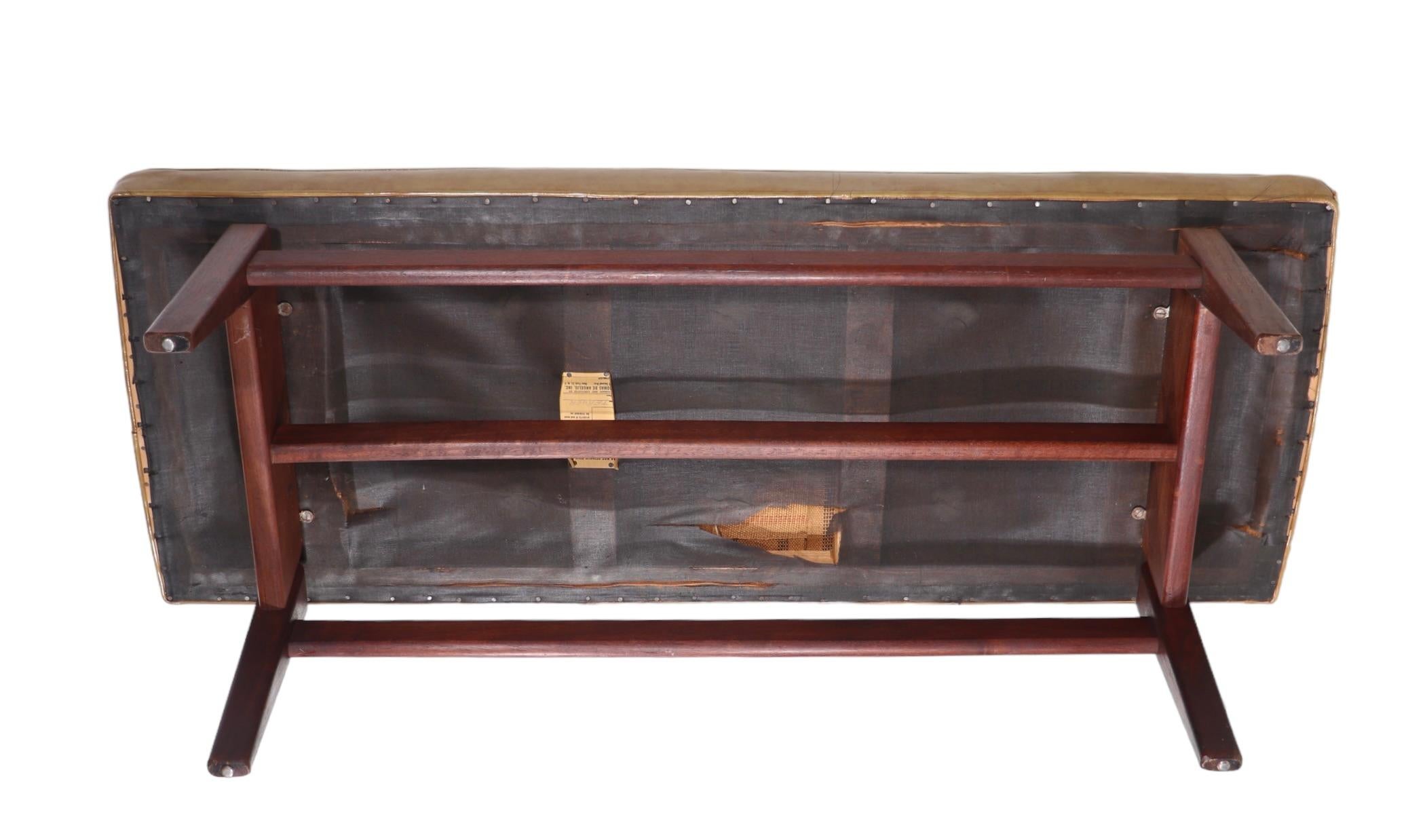 American   Architectural Mid Century Jens Risom Bench with Walnut Legs and Leather Top  For Sale