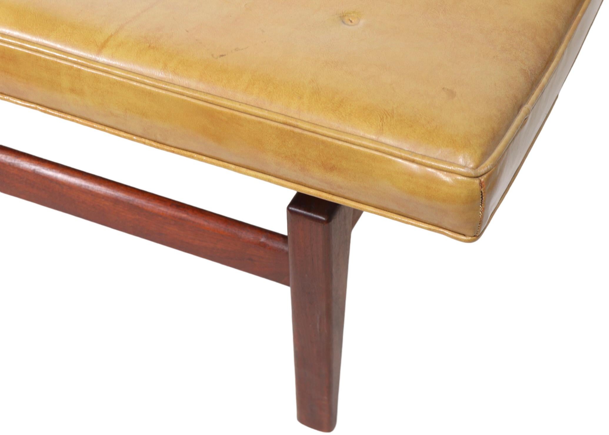 Wood   Architectural Mid Century Jens Risom Bench with Walnut Legs and Leather Top  For Sale