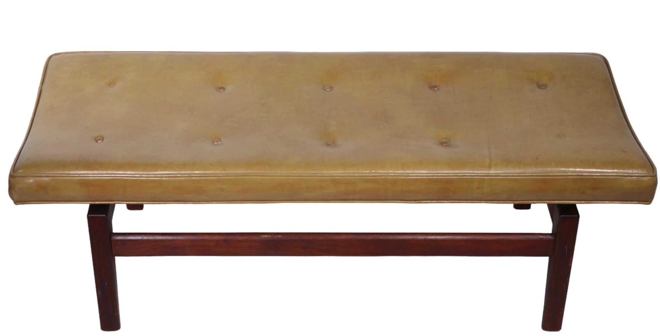   Architectural Mid Century Jens Risom Bench with Walnut Legs and Leather Top  For Sale 1