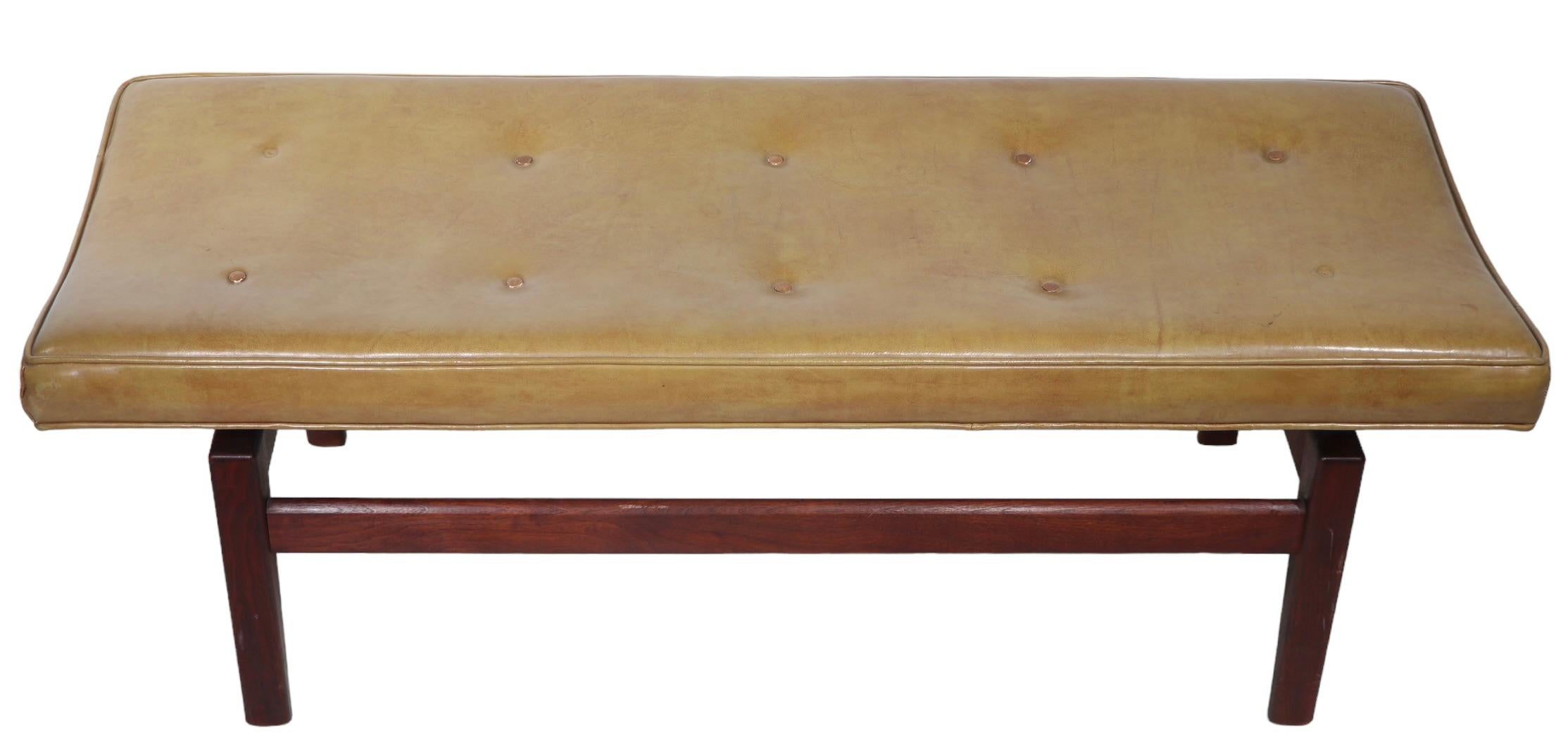   Architectural Mid Century Jens Risom Bench with Walnut Legs and Leather Top  For Sale 2
