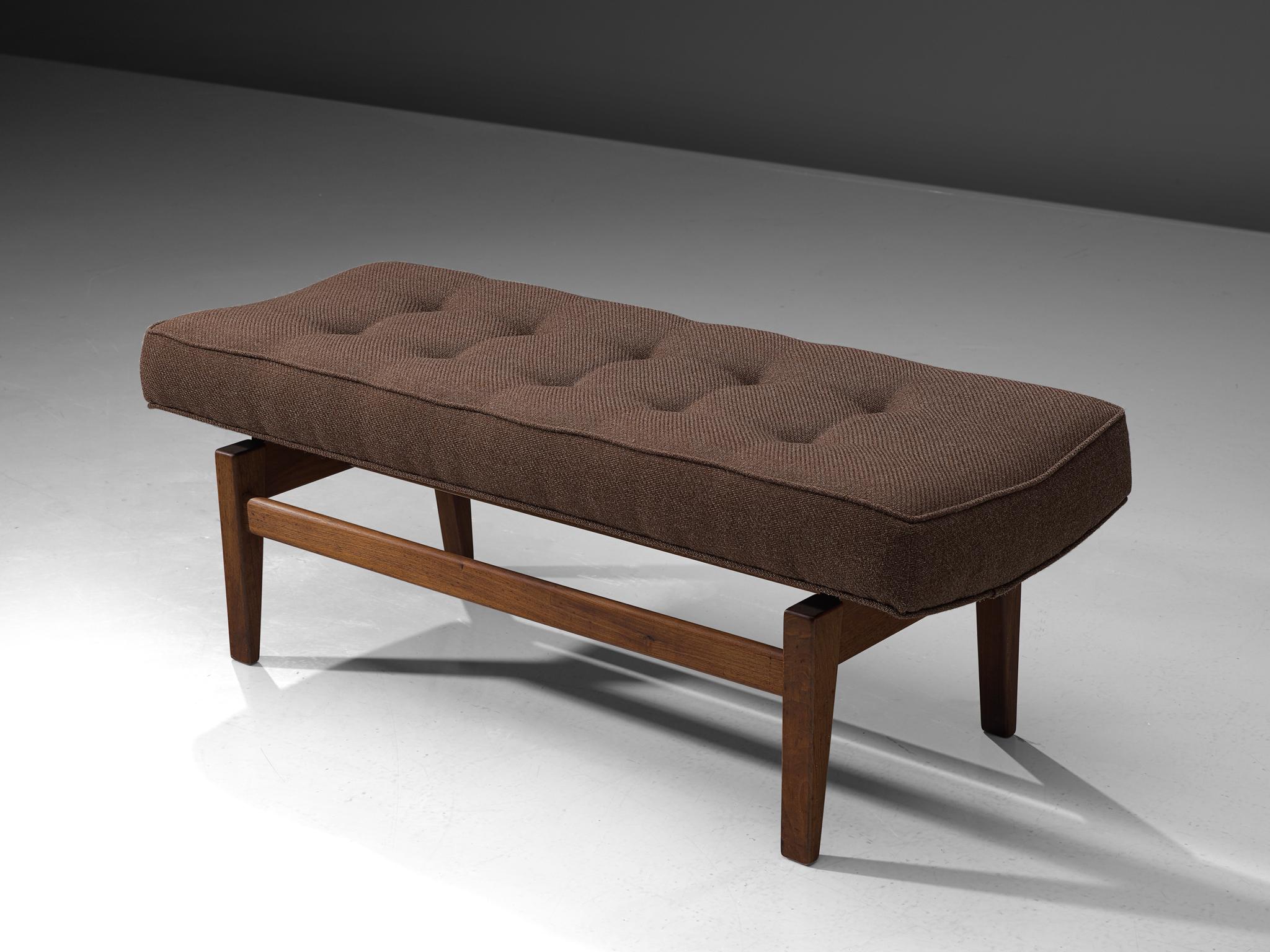 Mid-Century Modern Jens Risom Bench in Walnut and Brown Fabric, USA, 1960s