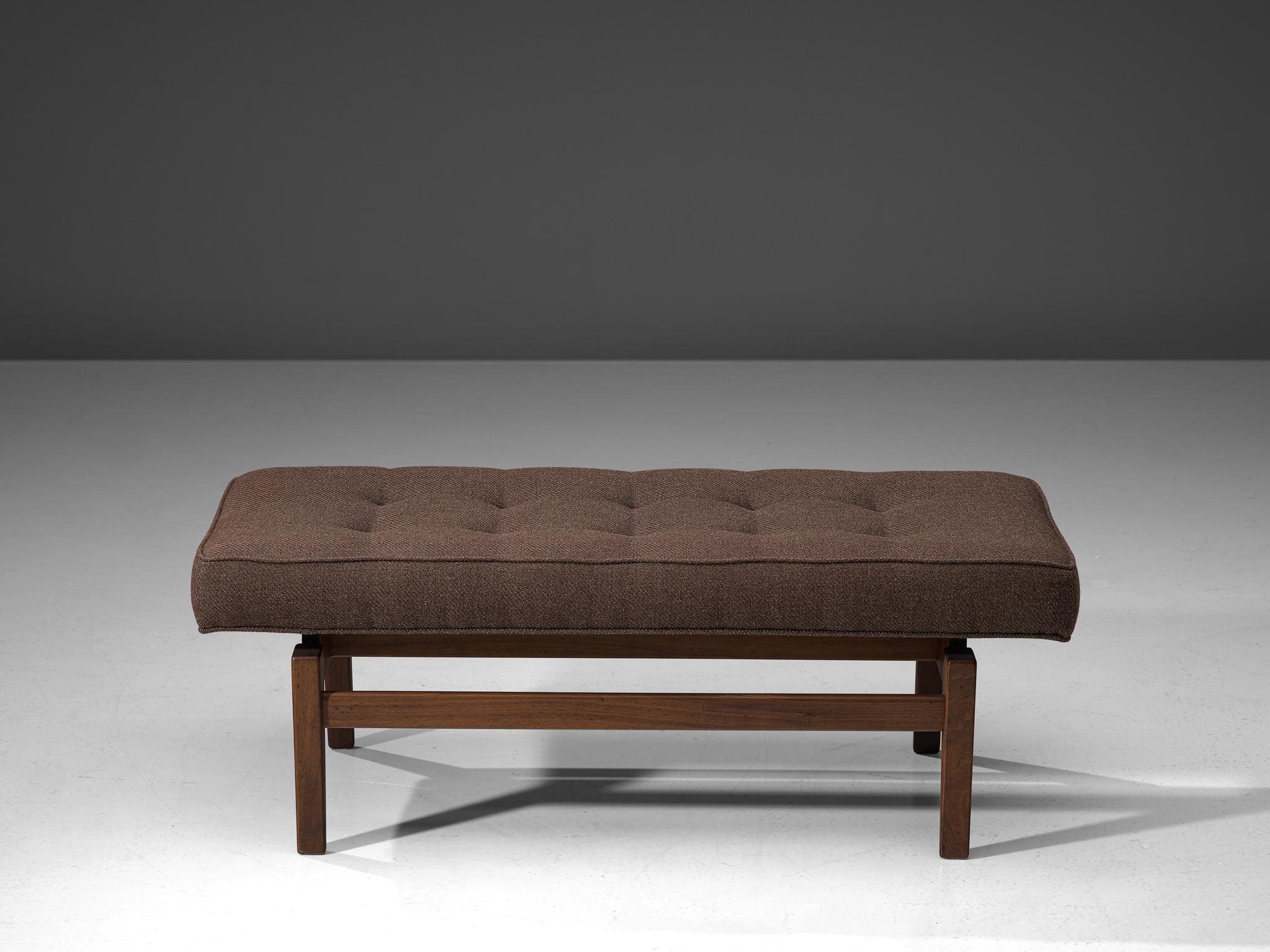 American Jens Risom Bench in Walnut and Brown Fabric, USA, 1960s