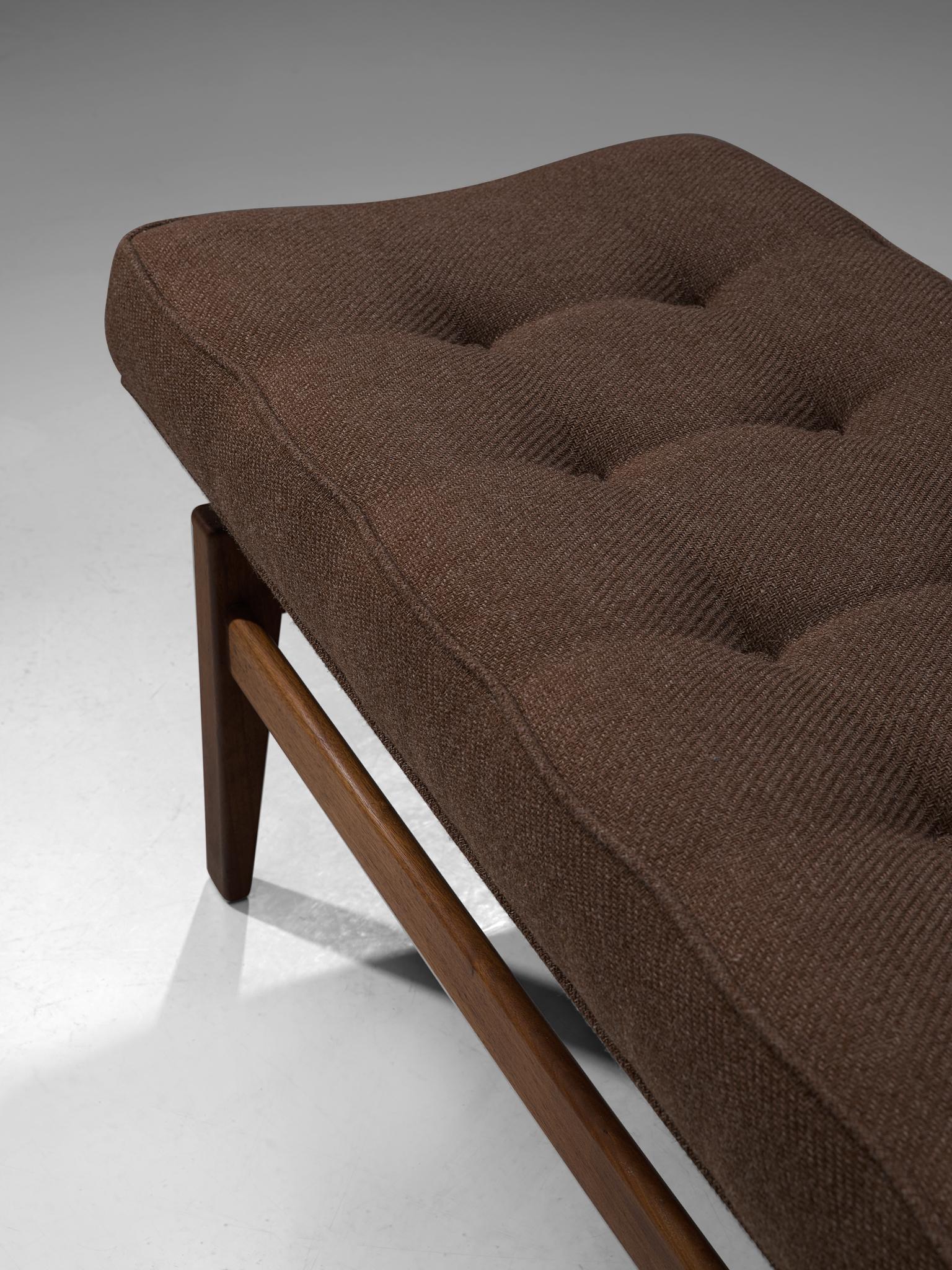 Mid-20th Century Jens Risom Bench in Walnut and Brown Fabric, USA, 1960s