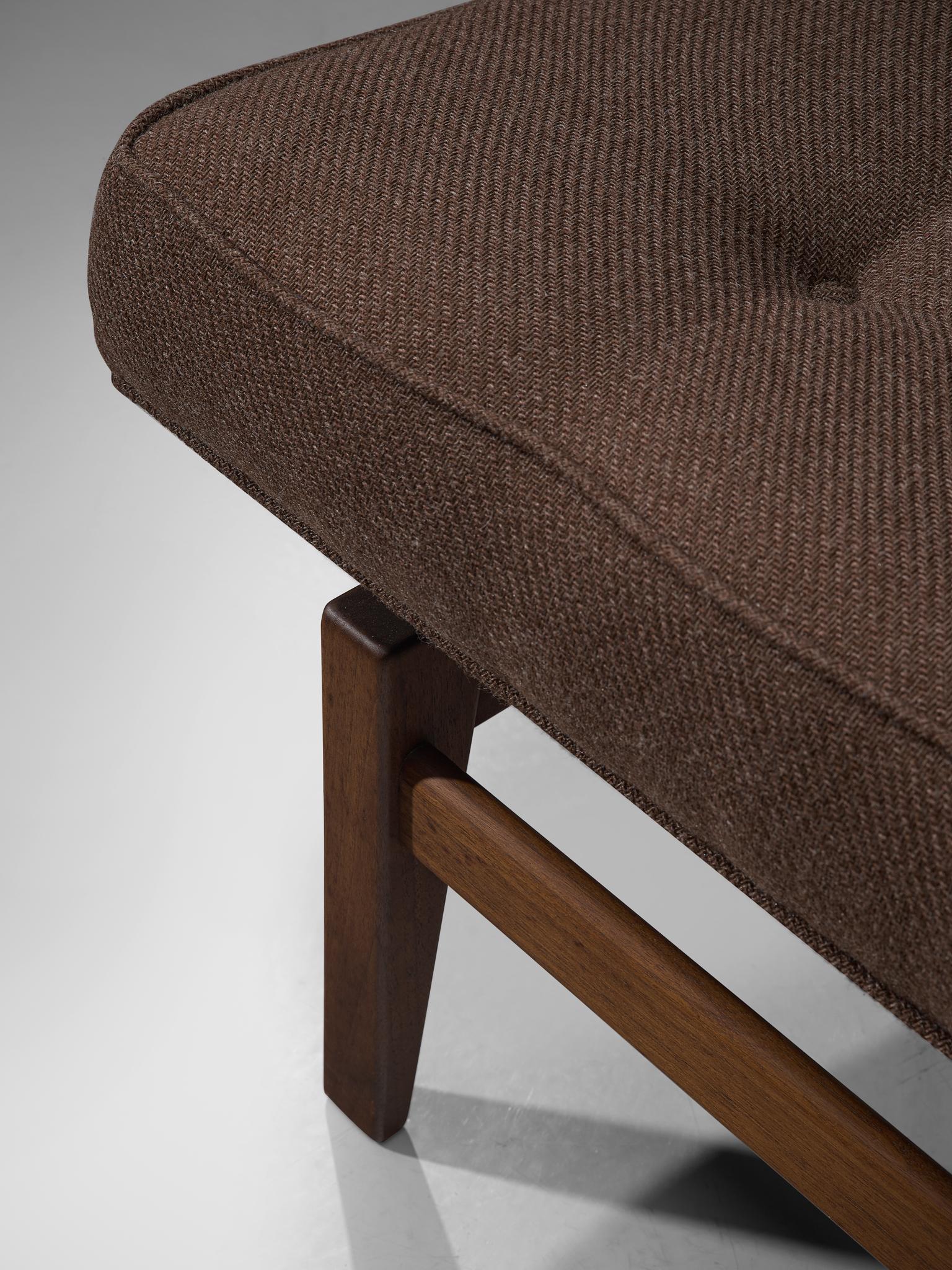 Jens Risom Bench in Walnut and Brown Fabric, USA, 1960s 1