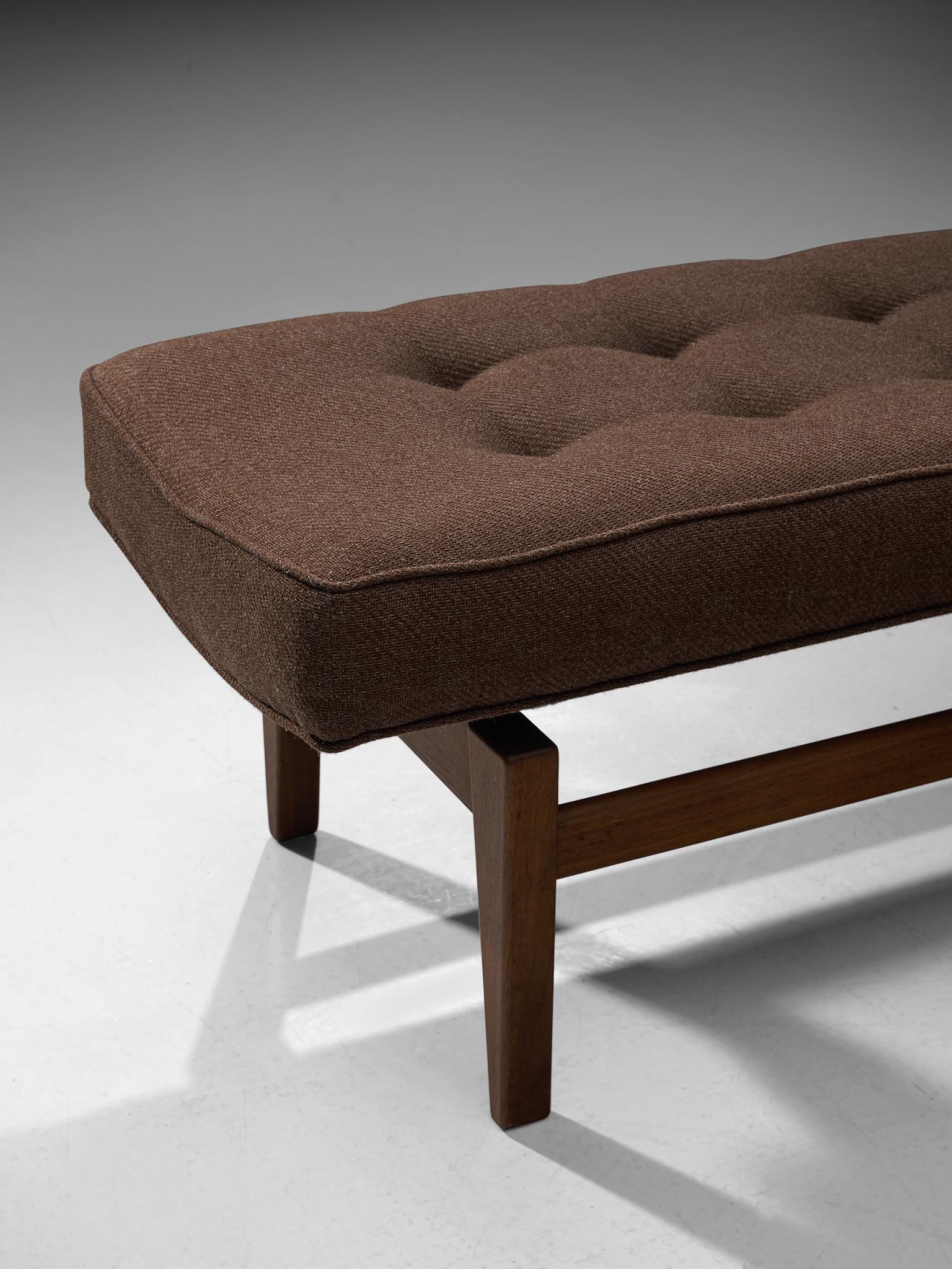 Jens Risom Bench in Walnut and Brown Fabric, USA, 1960s 2