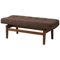 Jens Risom Bench in Walnut and Brown Fabric, USA, 1960s