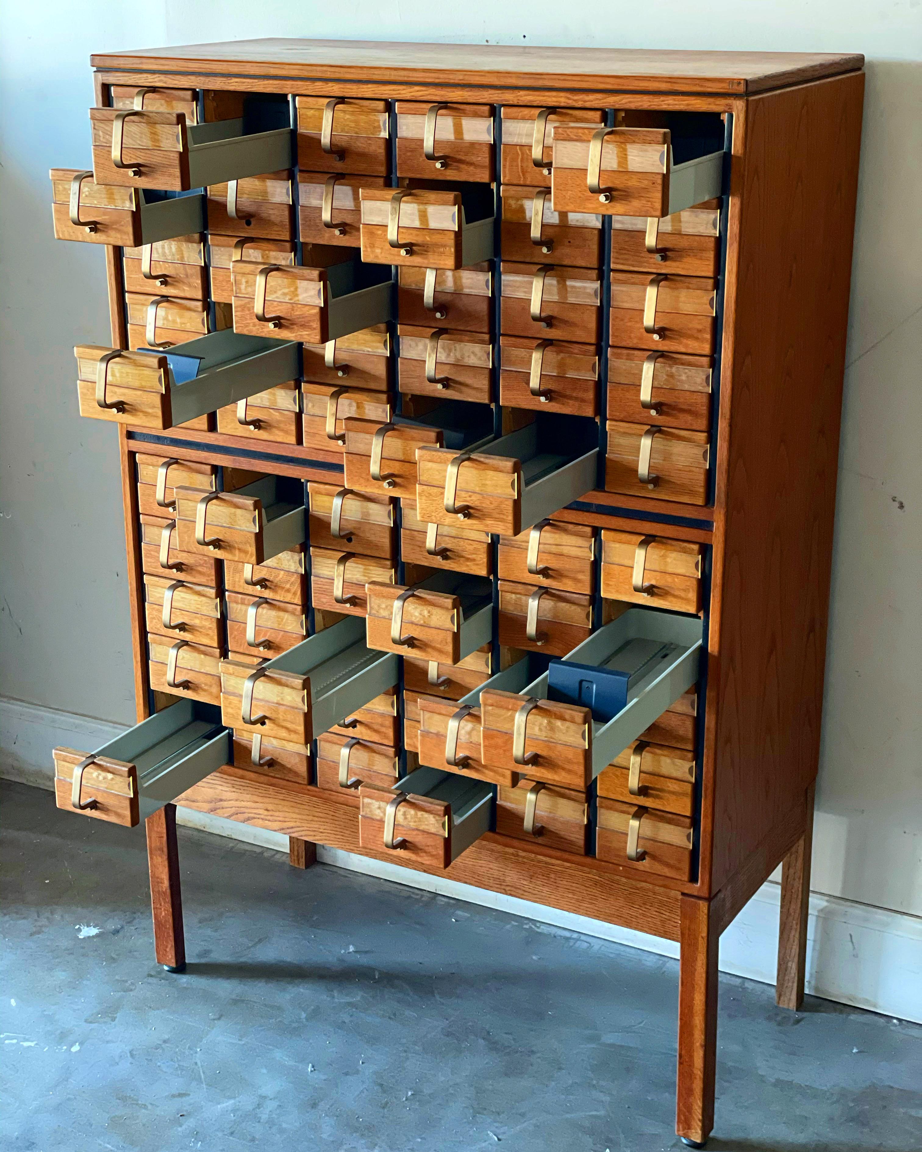 Jens Risom Card Catalog in Quarter Sawn Oak+Brass, Mid-Century Modern Cabinet 1
