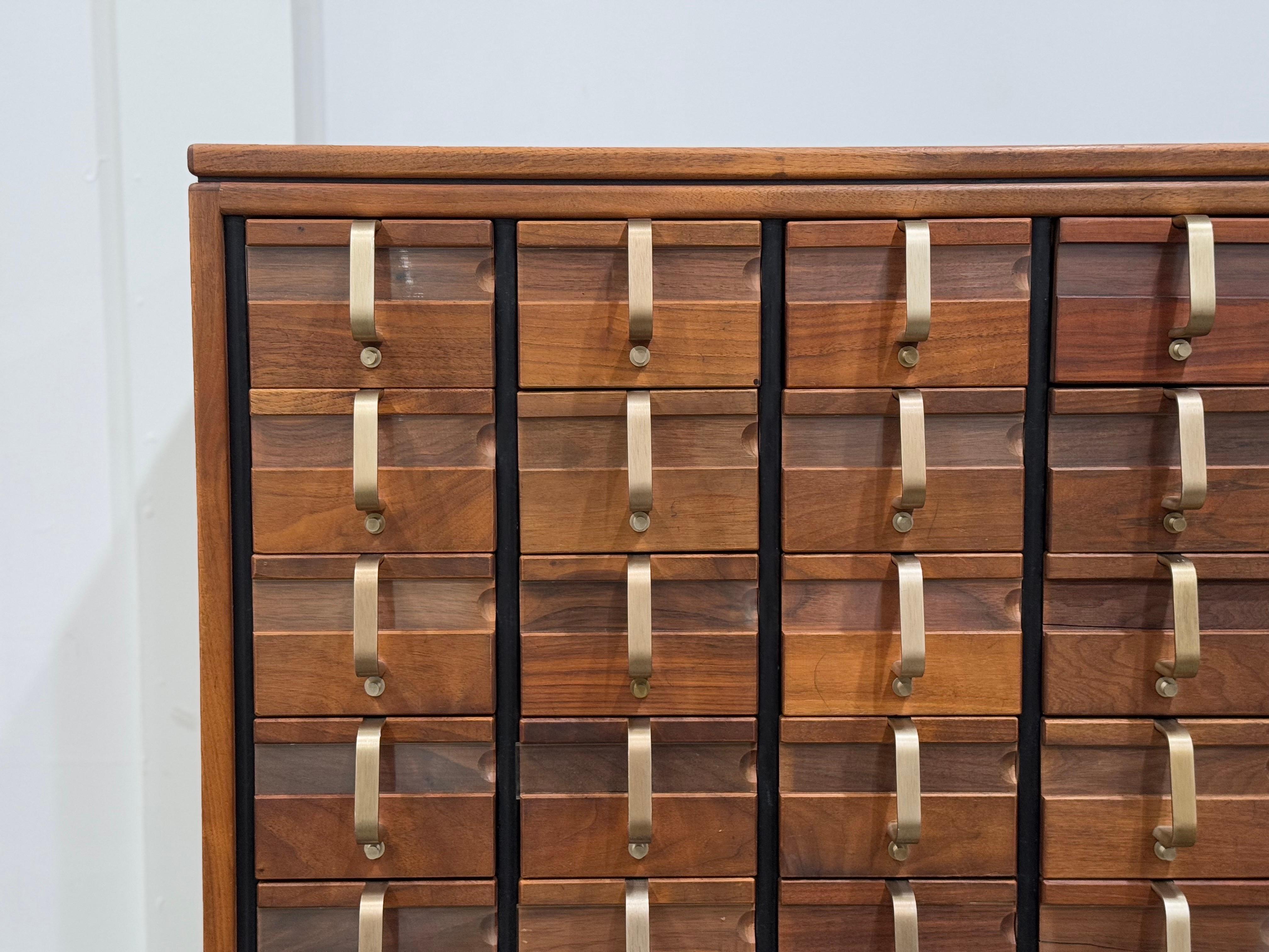 American Jens Risom Card Catalog in Walnut + Brass, Mid-Century Modern Cabinet