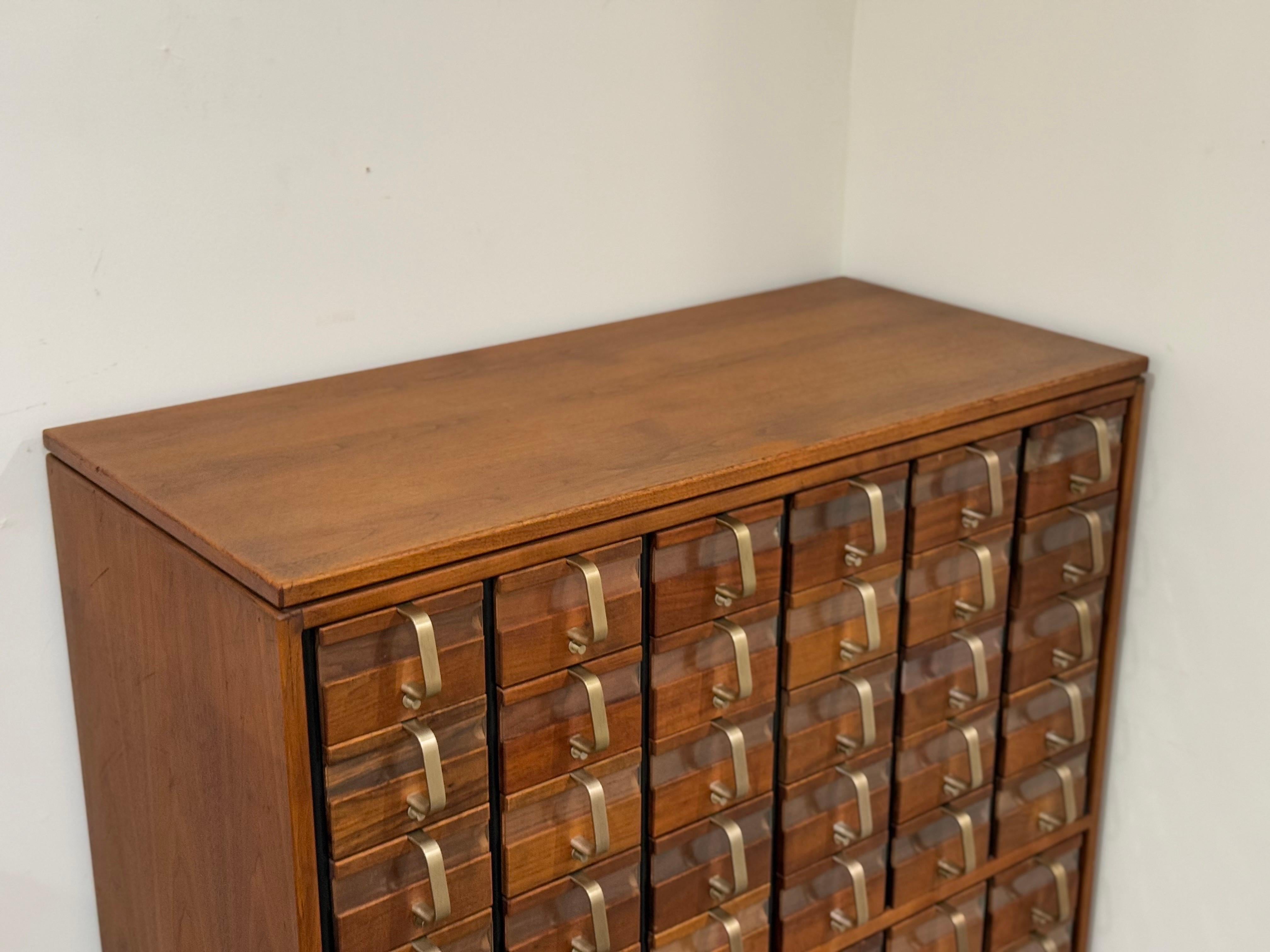 Jens Risom Card Catalog in Walnut + Brass, Mid-Century Modern Cabinet In Good Condition In Decatur, GA