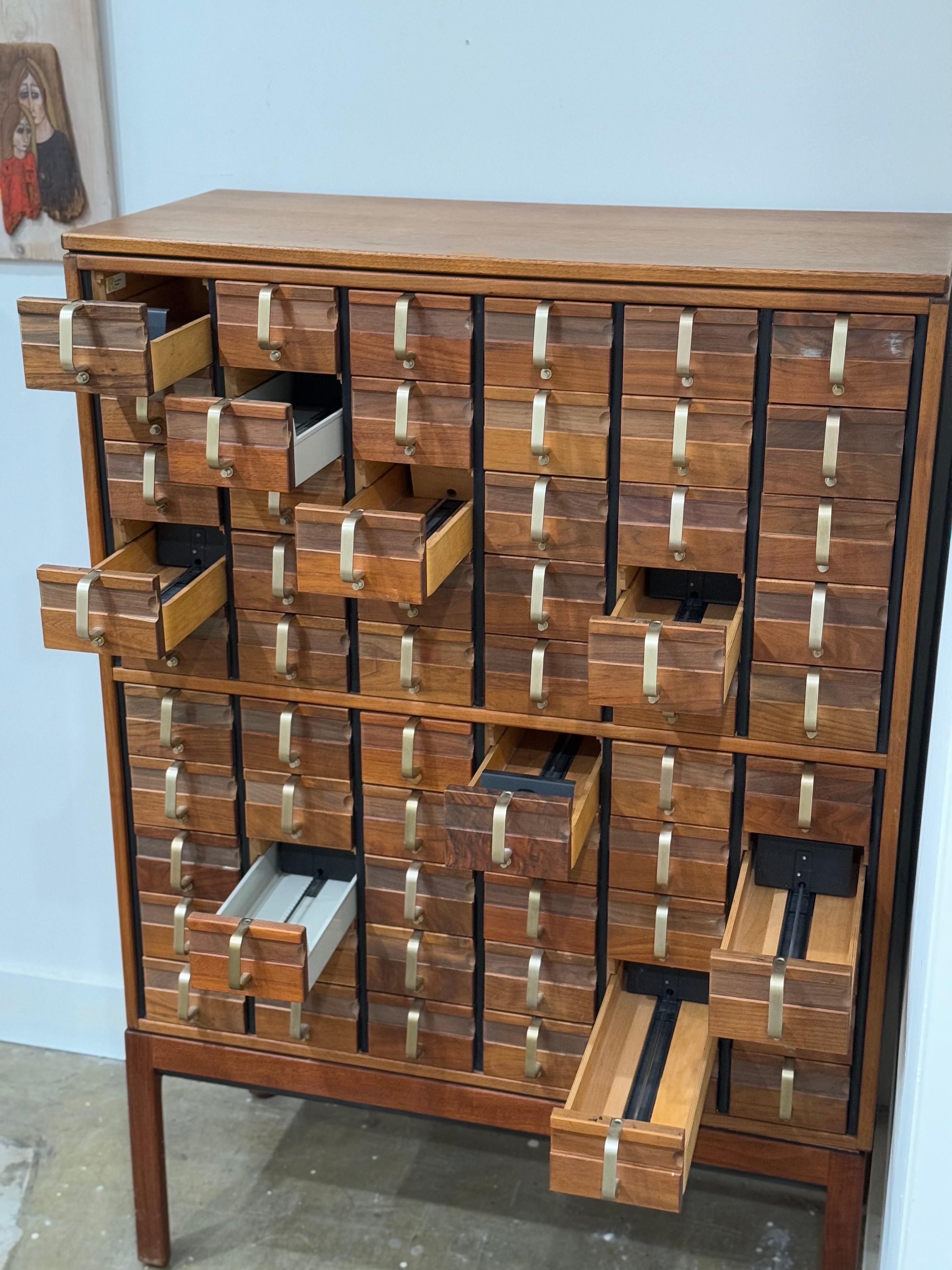 Jens Risom Card Catalog in Walnut + Brass, Mid-Century Modern Cabinet 3