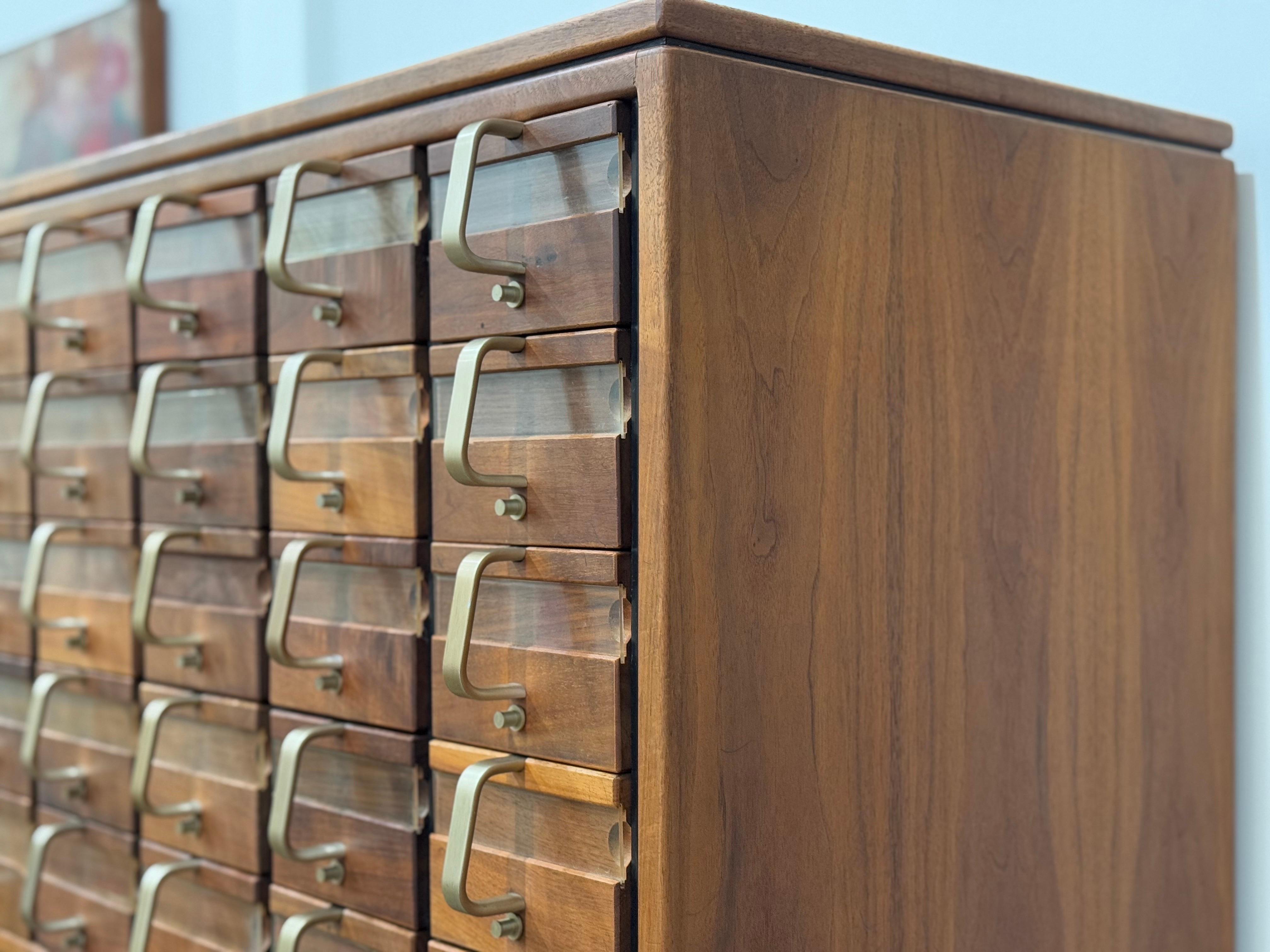 Jens Risom Card Catalog in Walnut + Brass, Mid-Century Modern Cabinet 4
