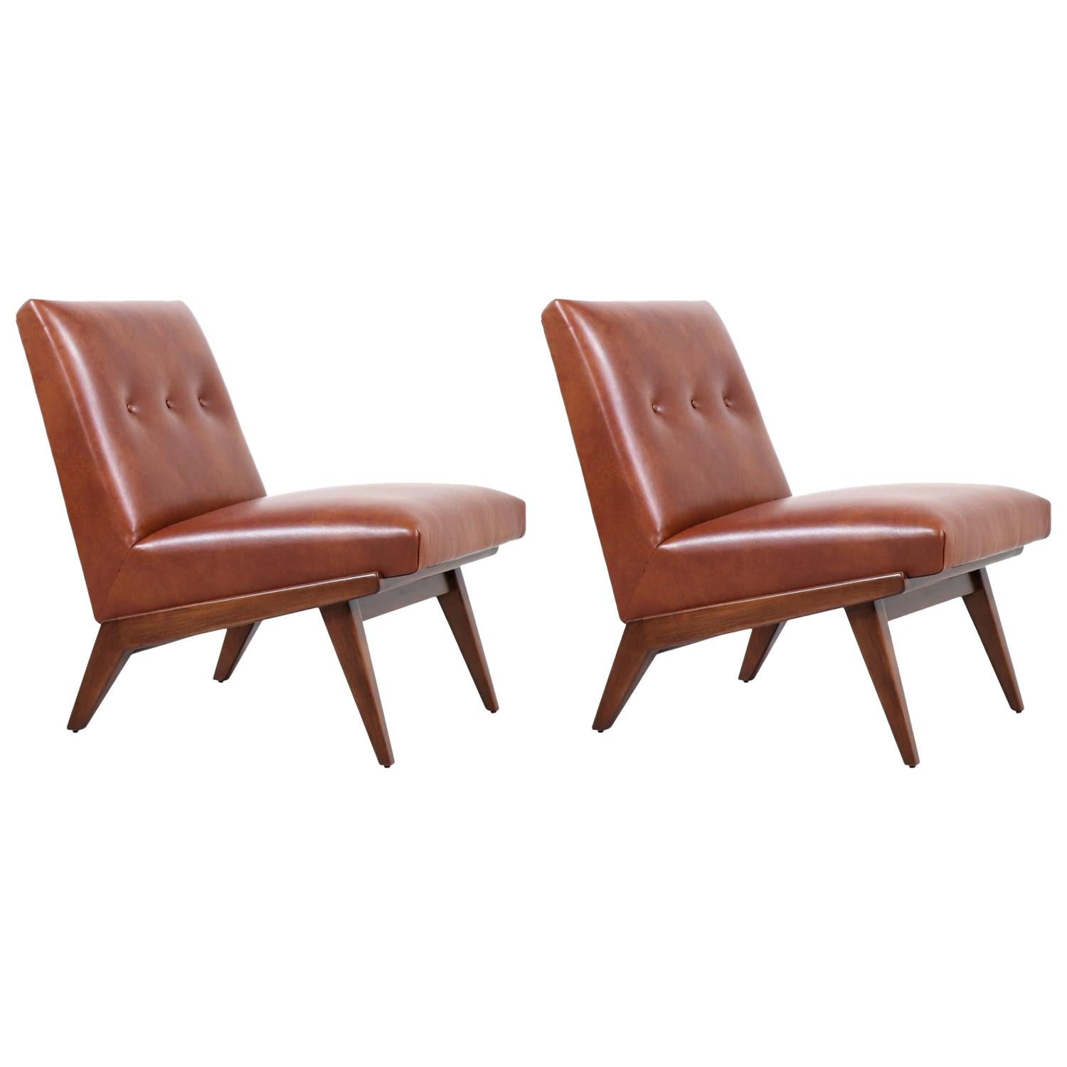 Jens Risom Cognac Leather Slipper Lounge Chairs for Knoll 