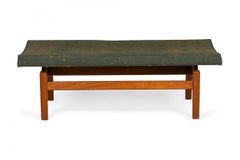 Jens Risom Dänische Armee-Bänke mit grüner Stoffpolsterung und schwebender Holzbank