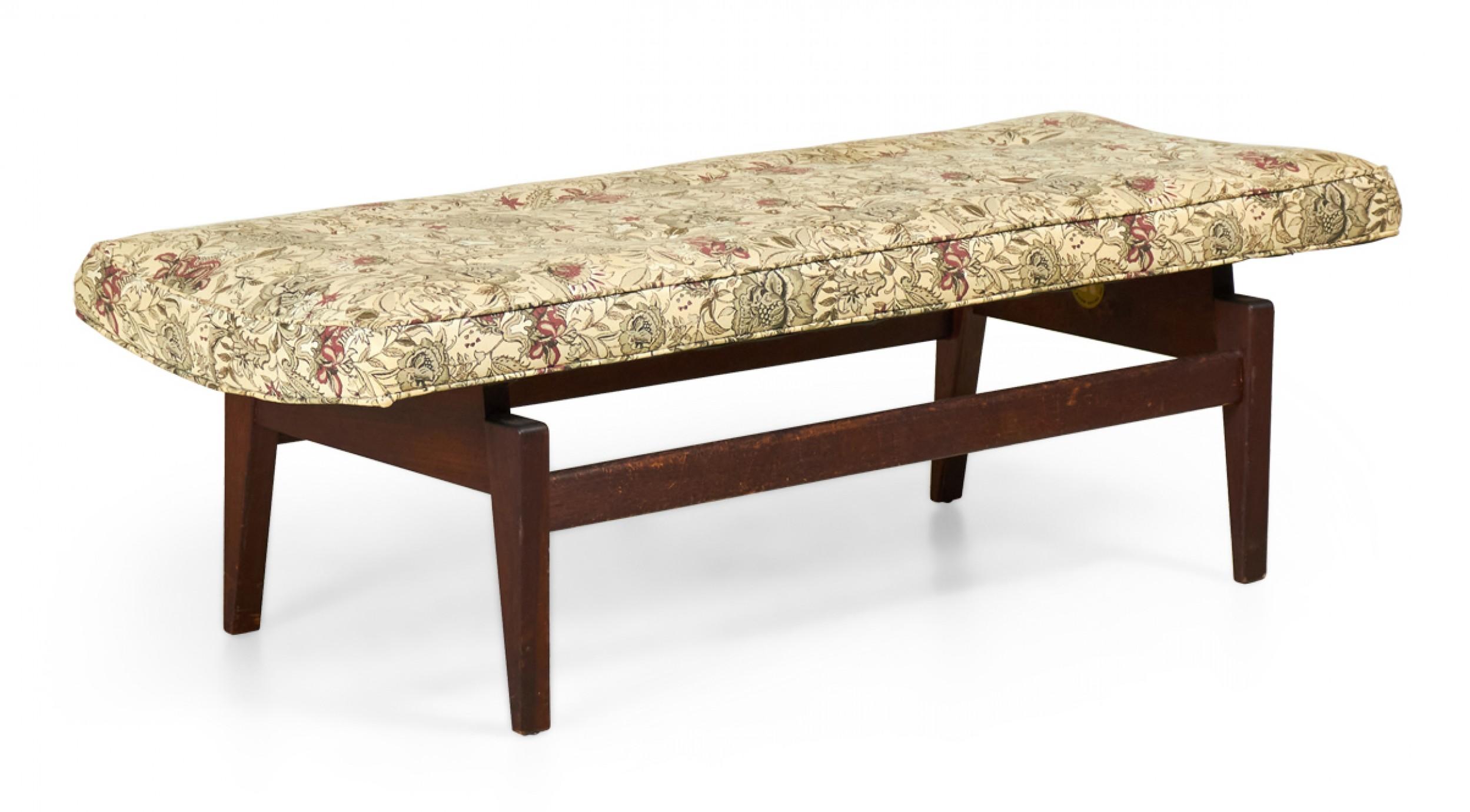 Mid-Century Modern Jens Risom Danish Floating Stained Walnut and Floral Upholstered Bench For Sale