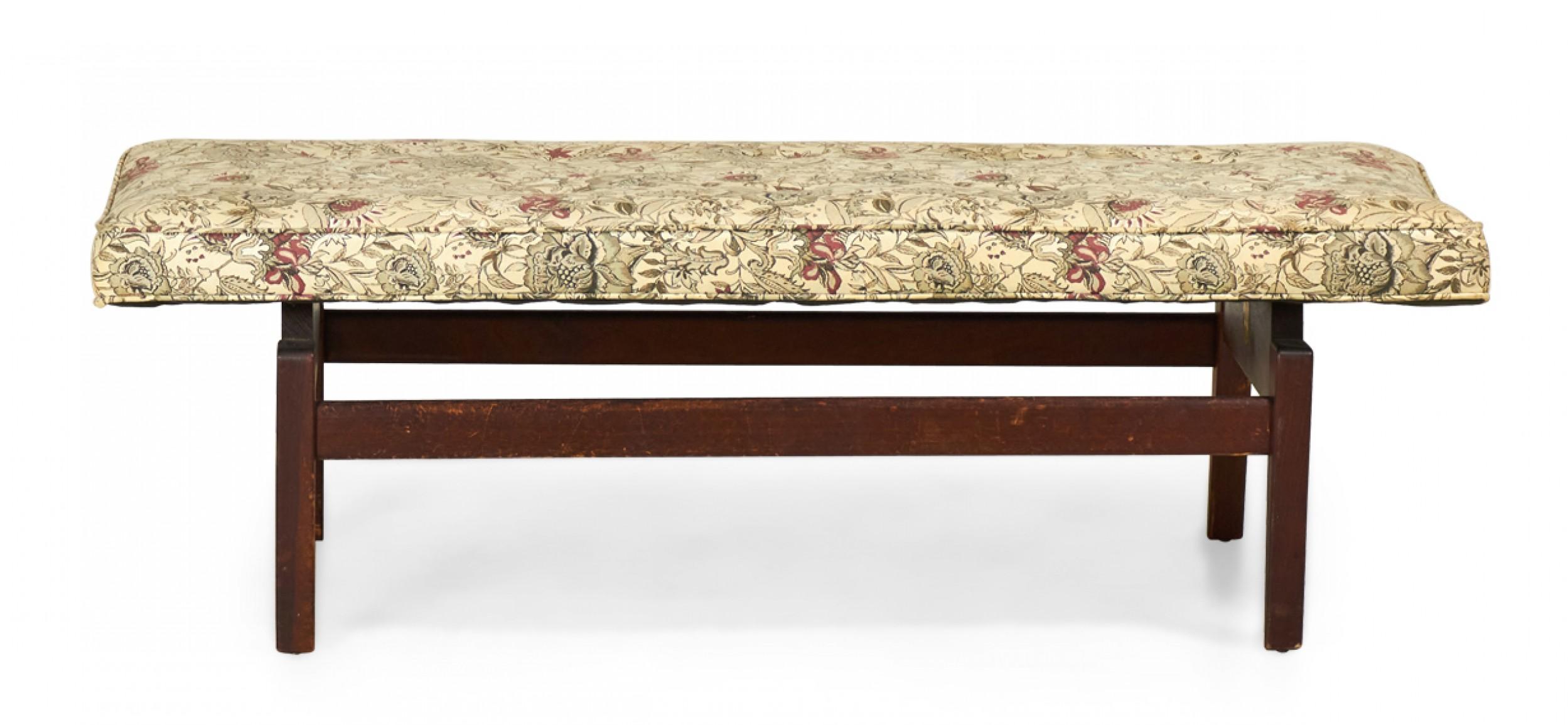 Jens Risom Danish Floating Stained Walnut and Floral Upholstered Bench In Good Condition For Sale In New York, NY