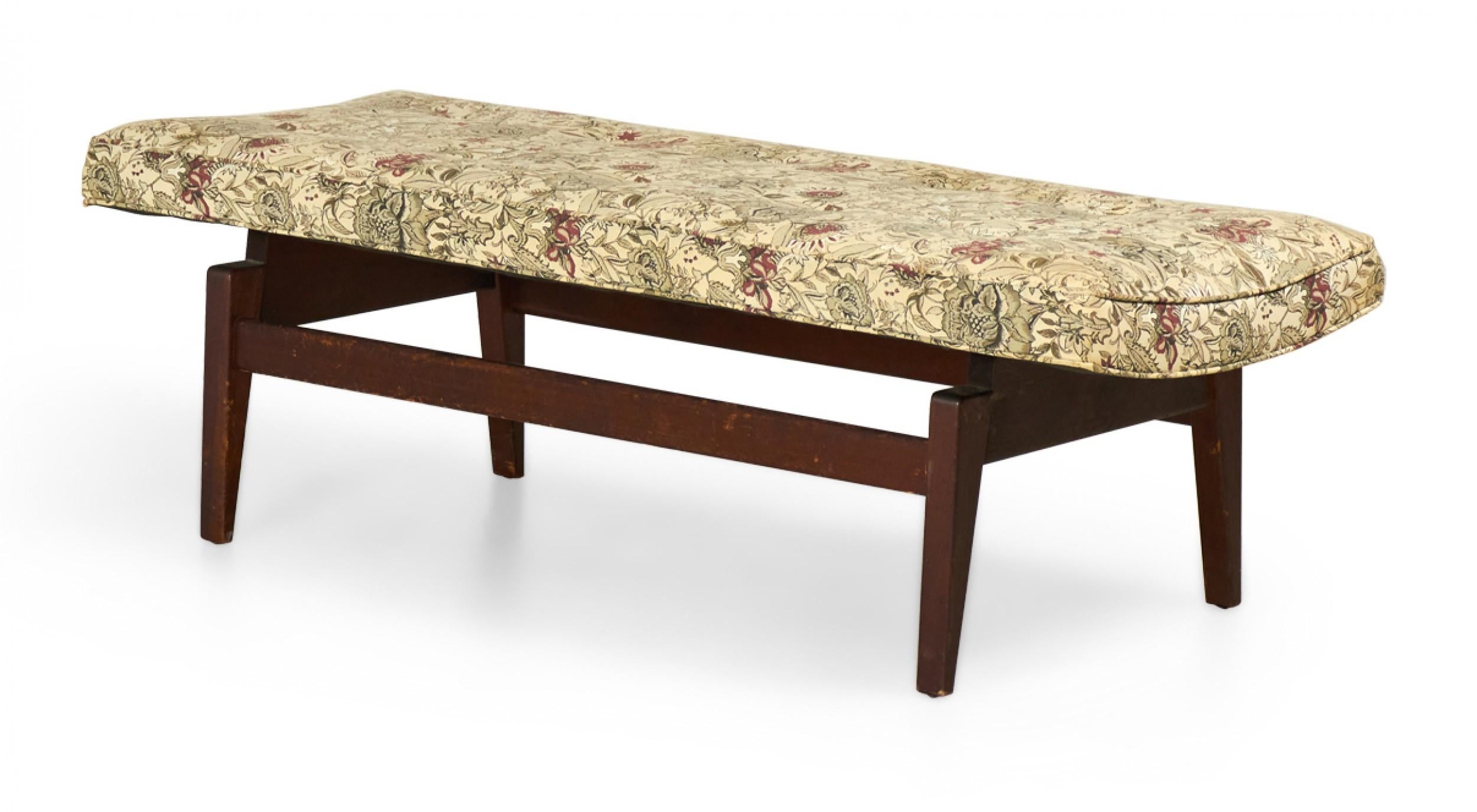20th Century Jens Risom Danish Floating Stained Walnut and Floral Upholstered Bench For Sale