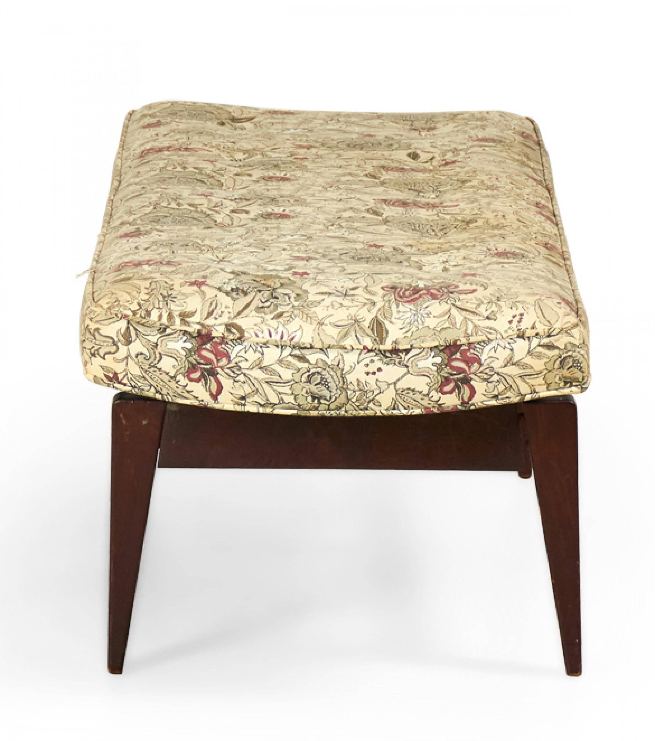 Fabric Jens Risom Danish Floating Stained Walnut and Floral Upholstered Bench For Sale