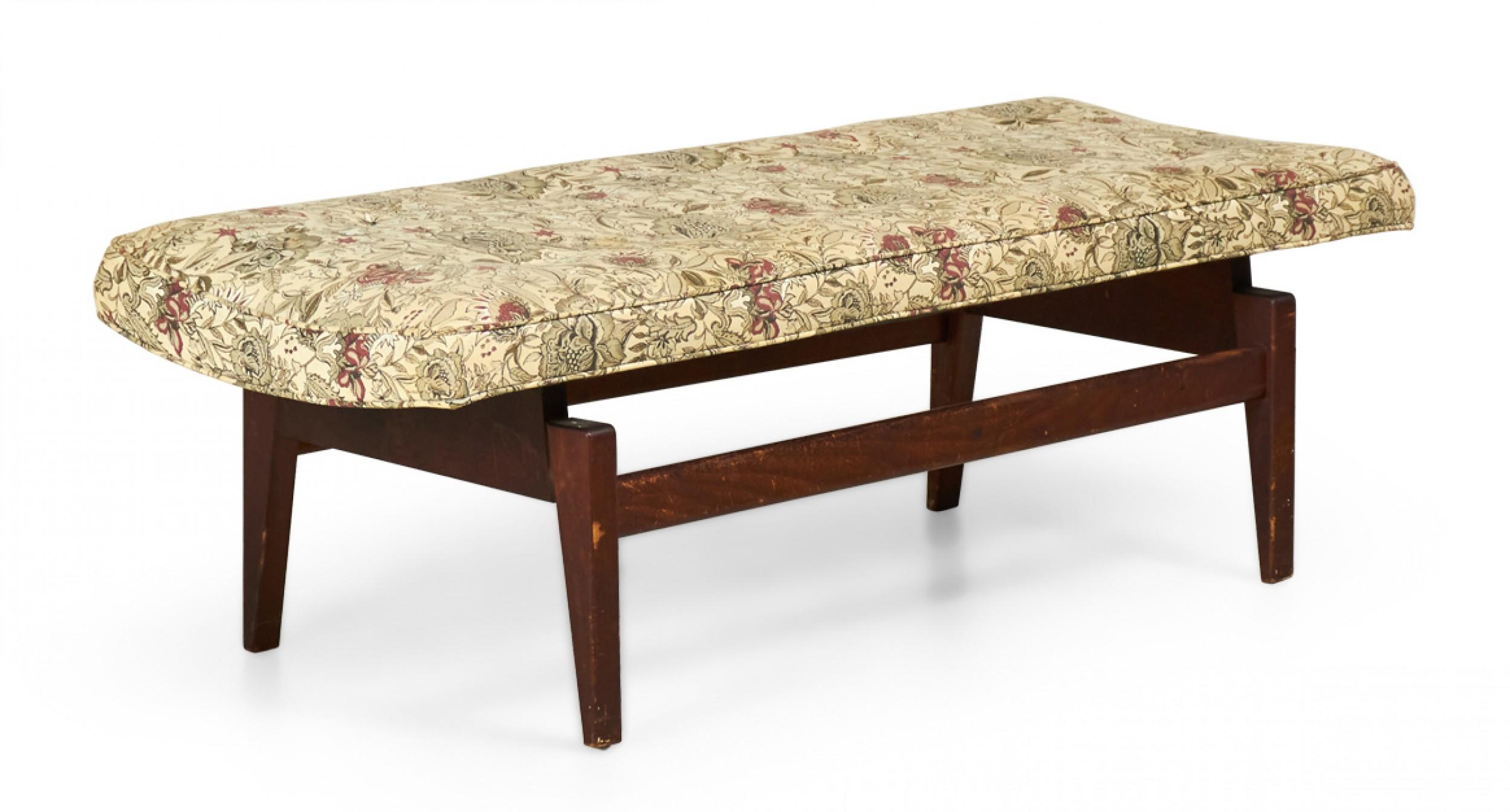 Jens Risom Danish Floating Stained Walnut and Floral Upholstered Bench For Sale 1