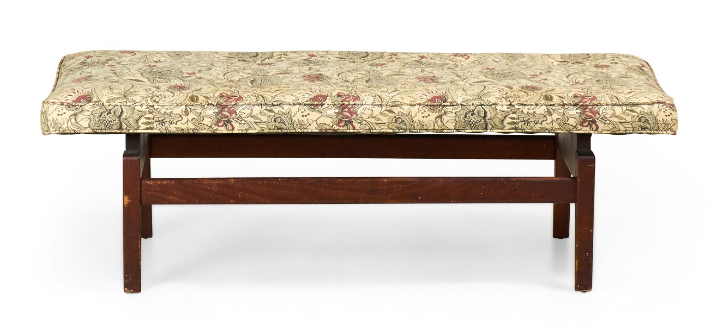 Jens Risom Danish Floating Stained Walnut and Floral Upholstered Bench For Sale 2