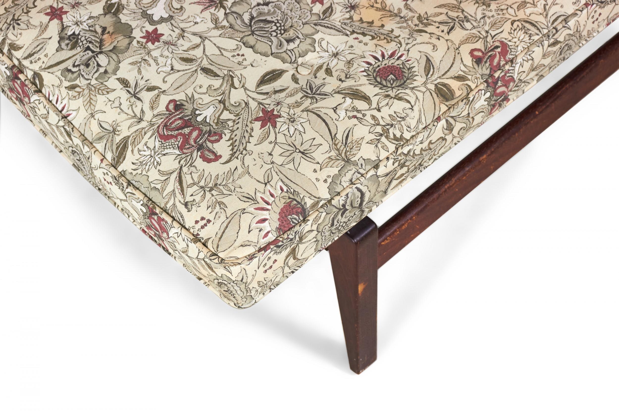 Jens Risom Danish Floating Stained Walnut and Floral Upholstered Bench For Sale 3
