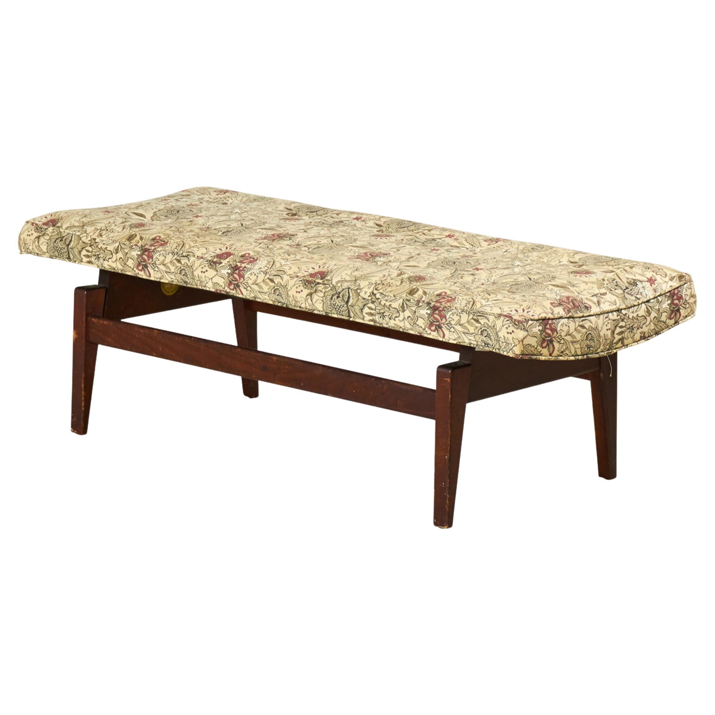Jens Risom Danish Floating Stained Walnut and Floral Upholstered Bench For Sale