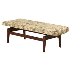 Jens Risom Danish Floating Stained Walnut and Floral Upholstered Bench