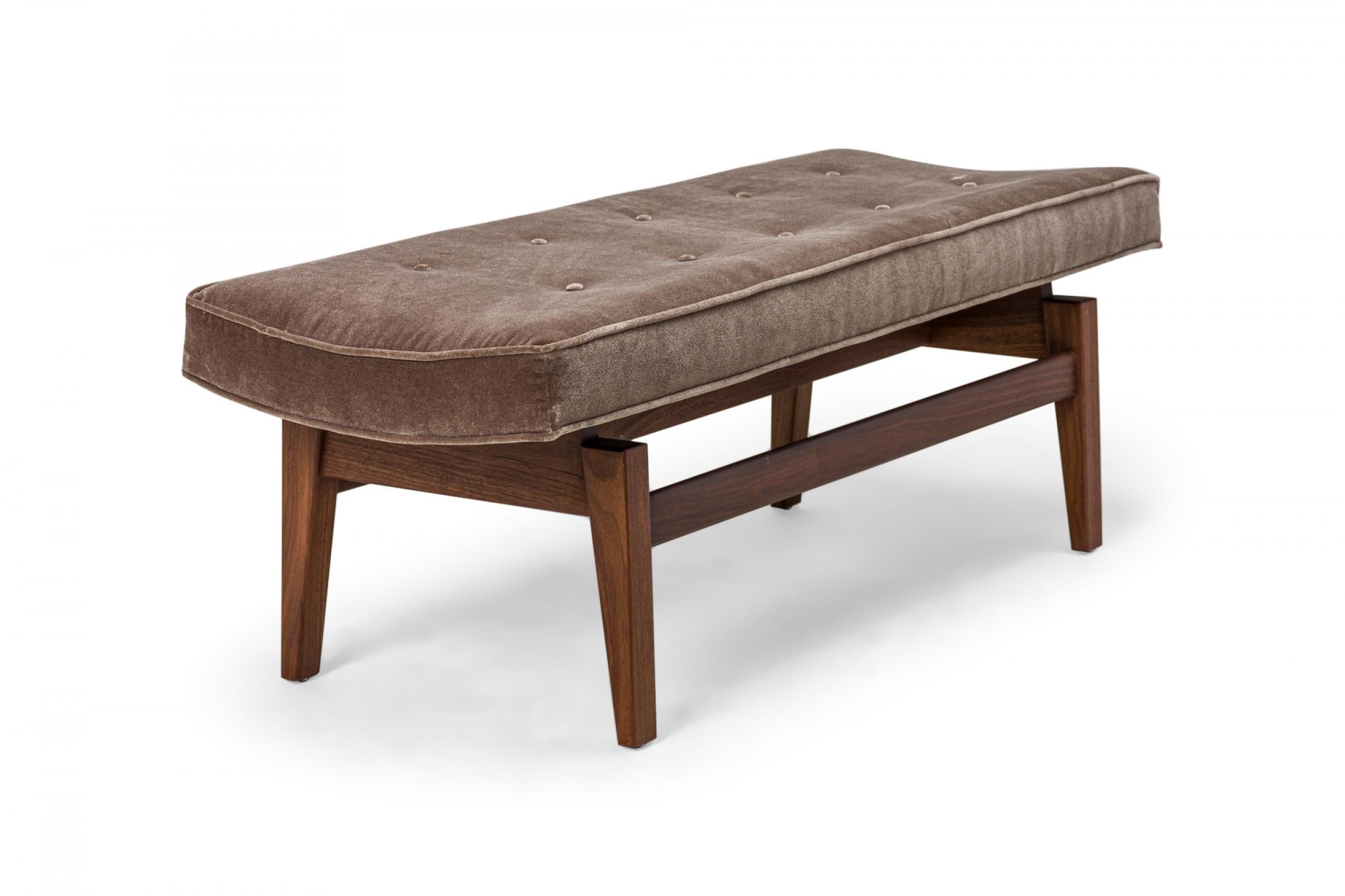 Mid-Century Modern Jens Risom Danish Gray Velvet Upholstered Walnut Floating Bench For Sale