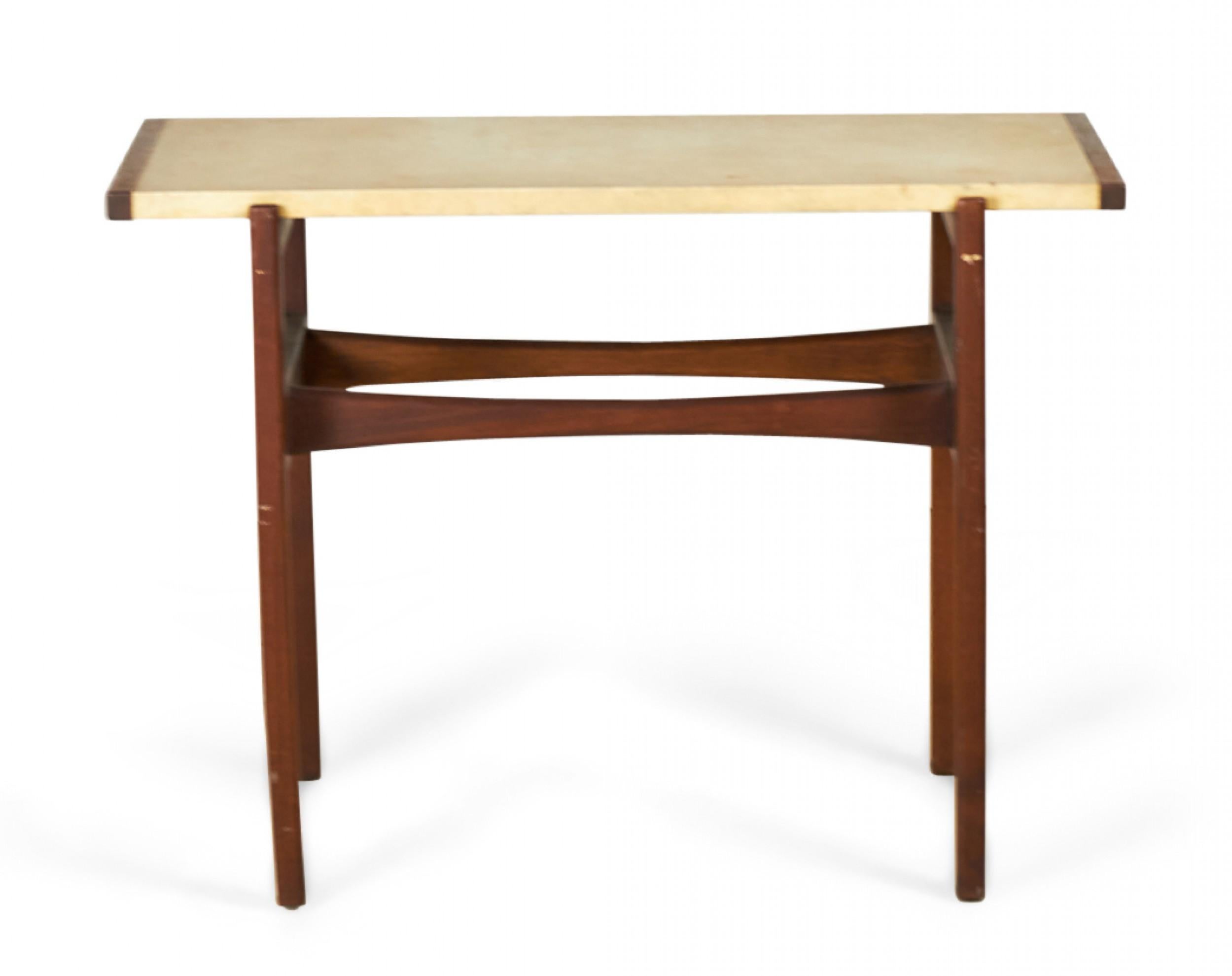 Jens Risom Danish Mid-Century Beige Leather and Walnut Console Table In Good Condition For Sale In New York, NY
