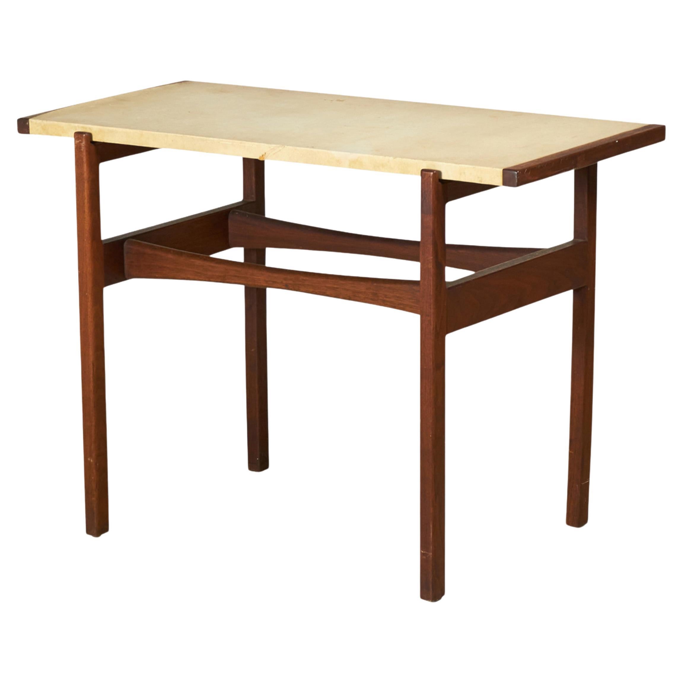 Jens Risom Danish Mid-Century Beige Leather and Walnut Console Table