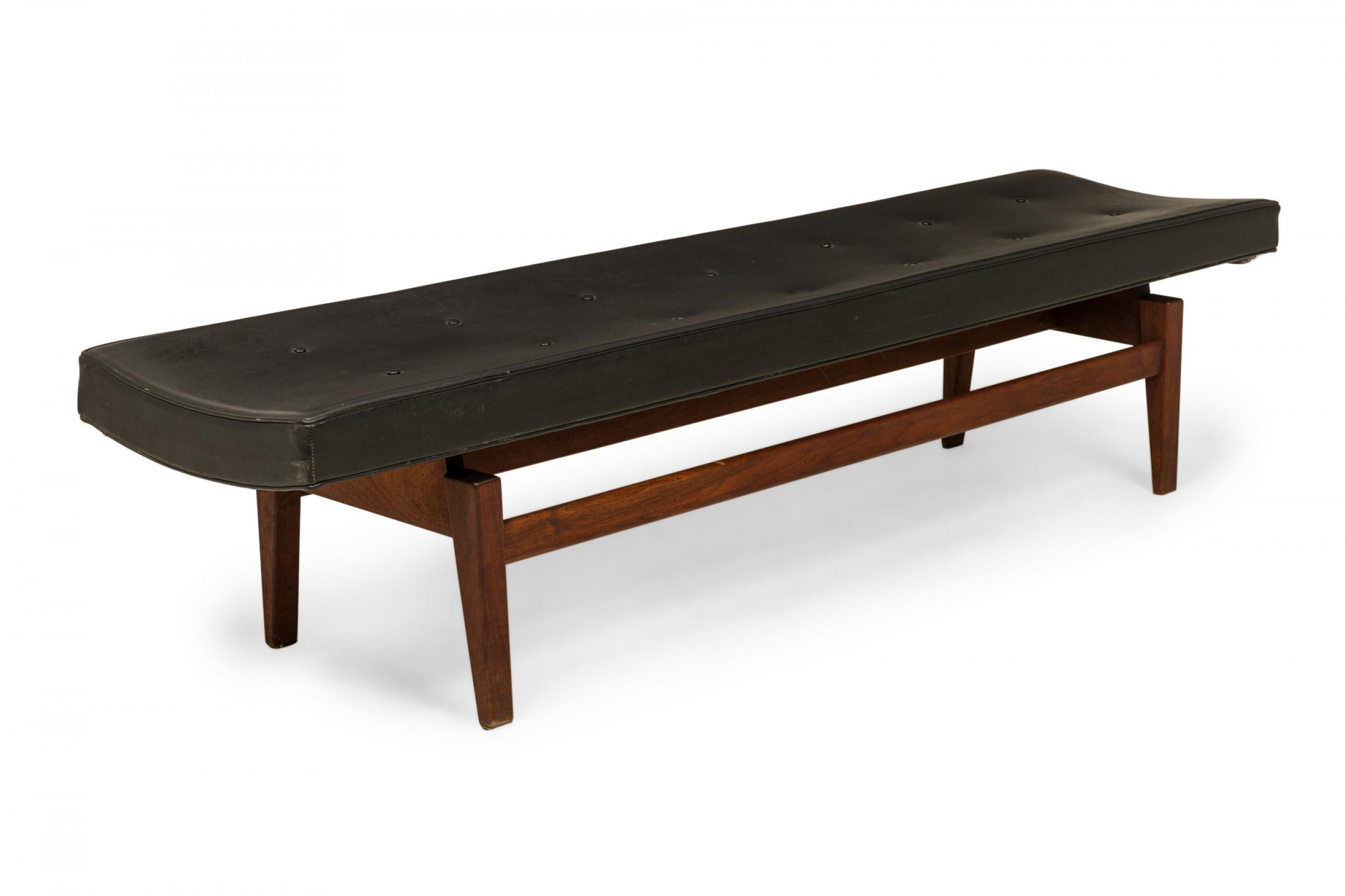 Jens Risom Danish Mid-Century Black Tufted Vinyl and Wood Floating Bench In Good Condition For Sale In New York, NY