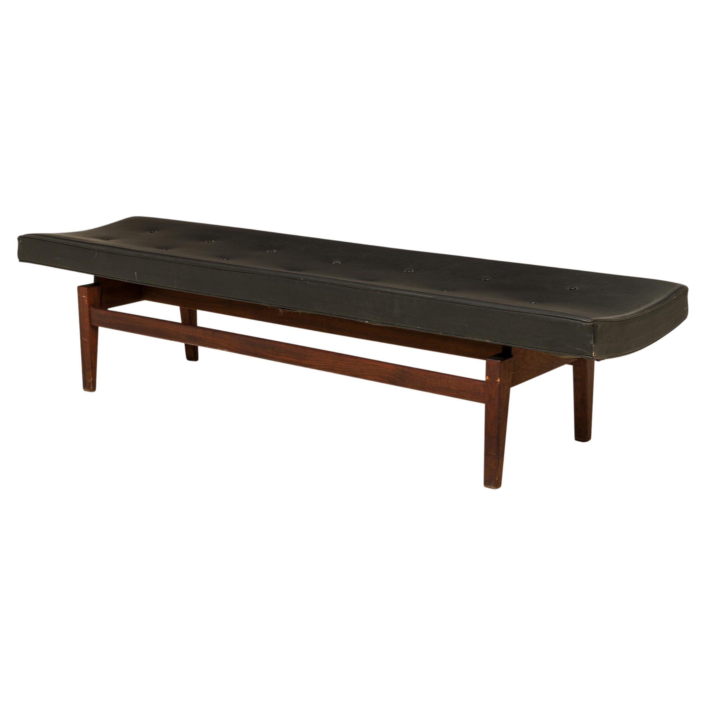 Jens Risom Danish Mid-Century Black Tufted Vinyl and Wood Floating Bench For Sale