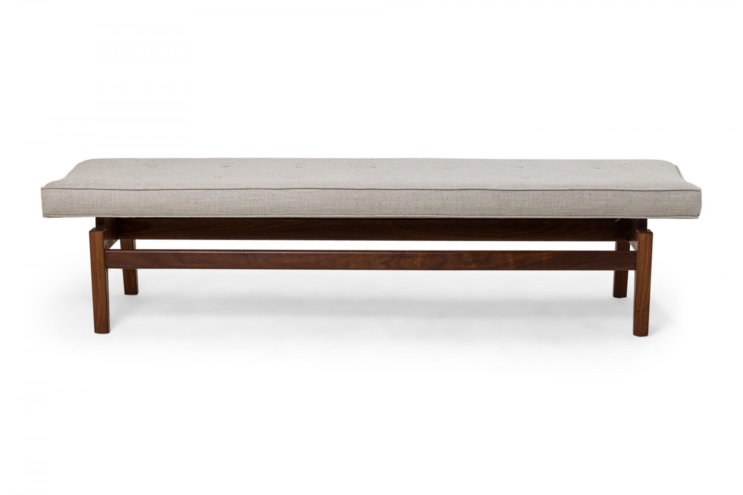 20th Century Jens Risom Danish Mid-Century Light Gray Upholstered Walnut Floating Bench For Sale