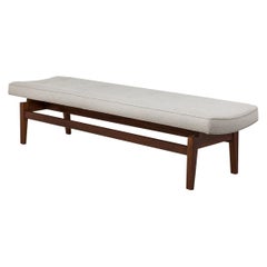 Jens Risom Danish Mid-Century Light Gray Upholstered Walnut Floating Bench