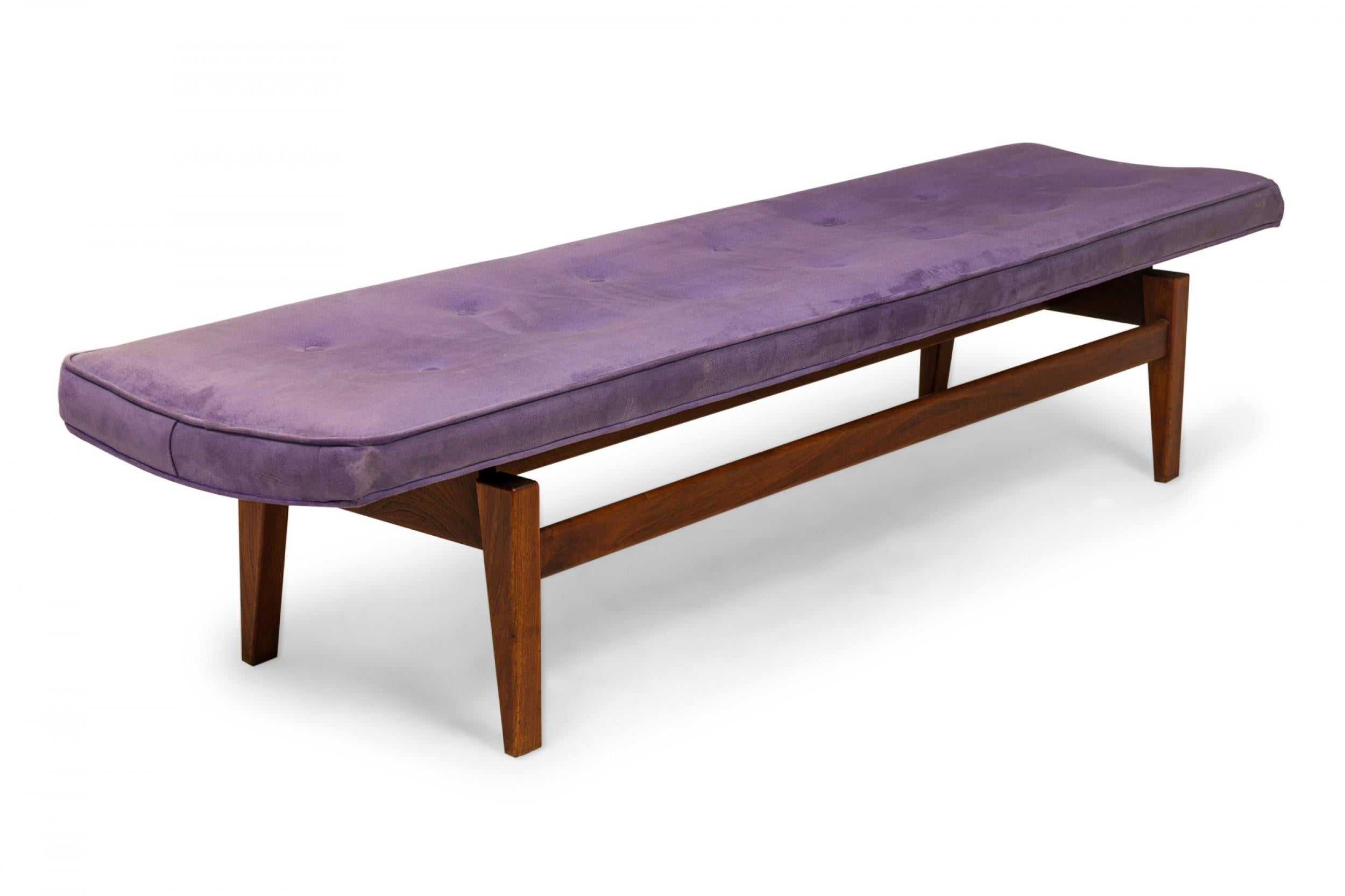 Jens Risom Danish Mid-Century Purple Tufted Velour and Wood Floating Bench In Good Condition For Sale In New York, NY