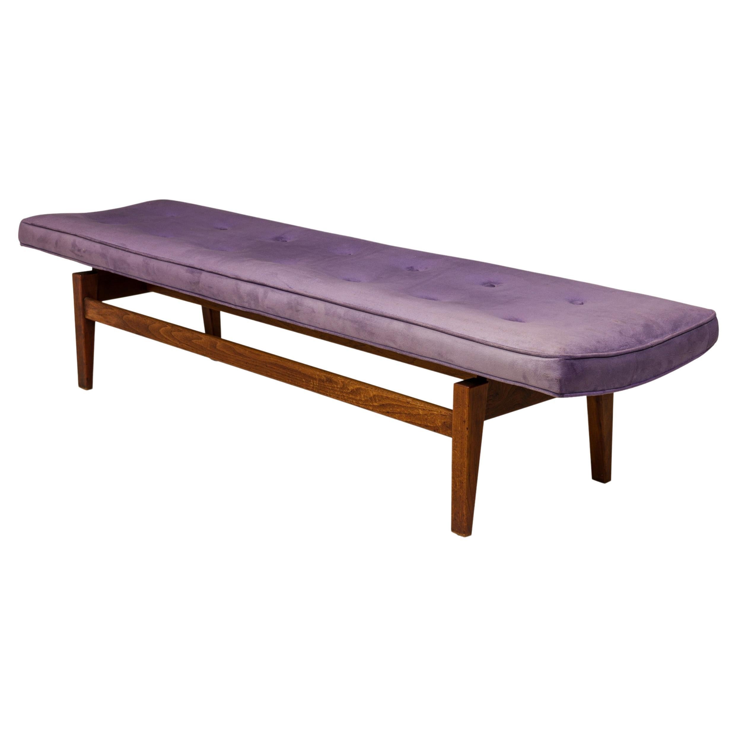 Jens Risom Danish Mid-Century Purple Tufted Velour and Wood Floating Bench For Sale