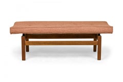Jens Risom Danish Mid-Century Rose Pink Upholstery and Walnut Floating Bench