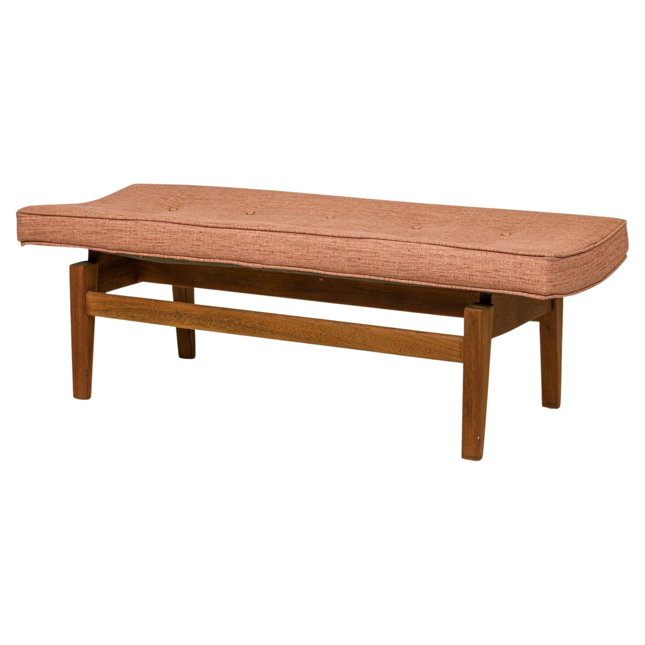 Jens Risom Danish Mid-Century Rose Pink Upholstery and Walnut Floating Bench For Sale
