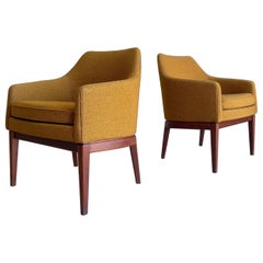 Jens Risom Danish Modern Walnut Armchairs in Yellow Ochre