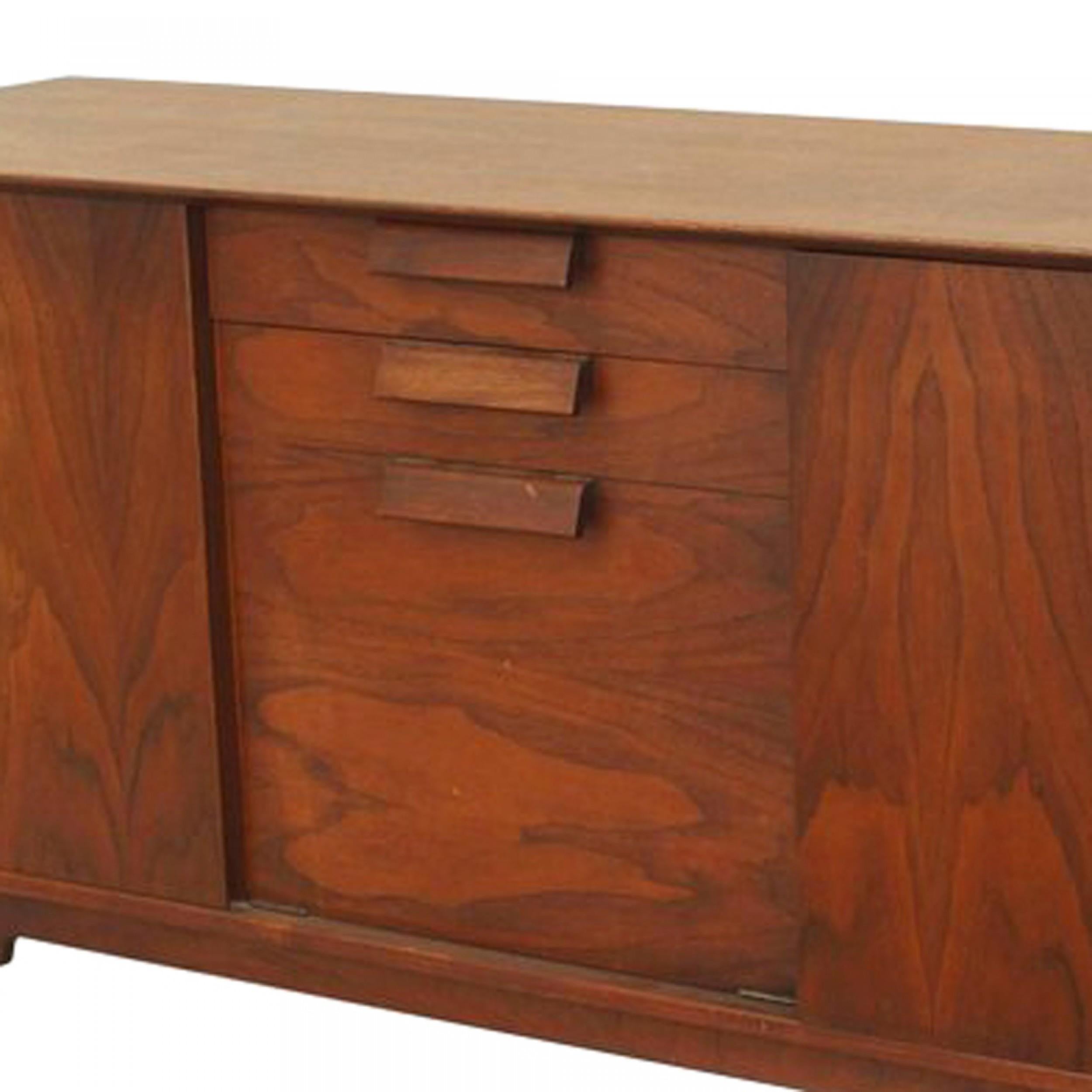 Danish Post-War Design teak credenza form sideboard with 2 door centering 3 drawers (label: JENS RISOM)
