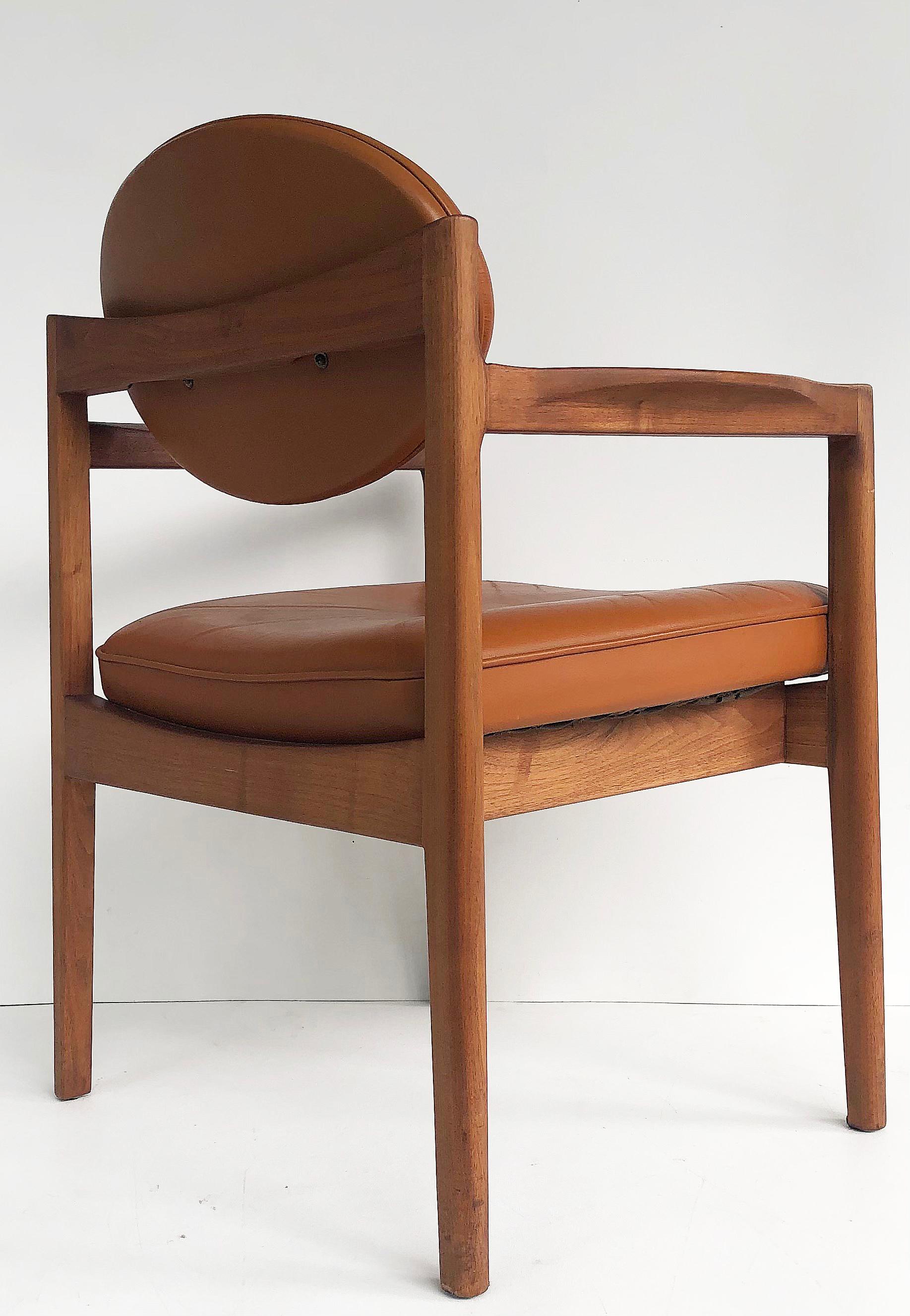 Mid-Century Modern Jens Risom Design Pair of Oiled Walnut & Leather Upholstered Armchairs, c.1965 For Sale