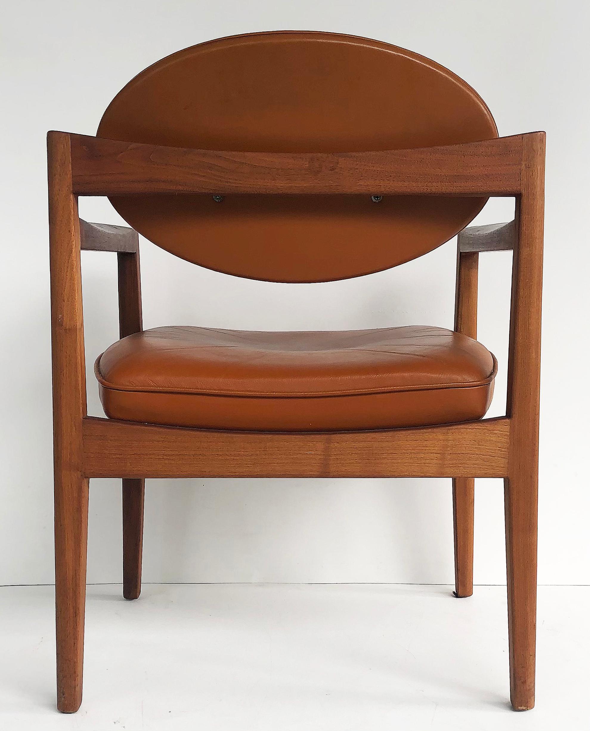 American Jens Risom Design Pair of Oiled Walnut & Leather Upholstered Armchairs, c.1965 For Sale