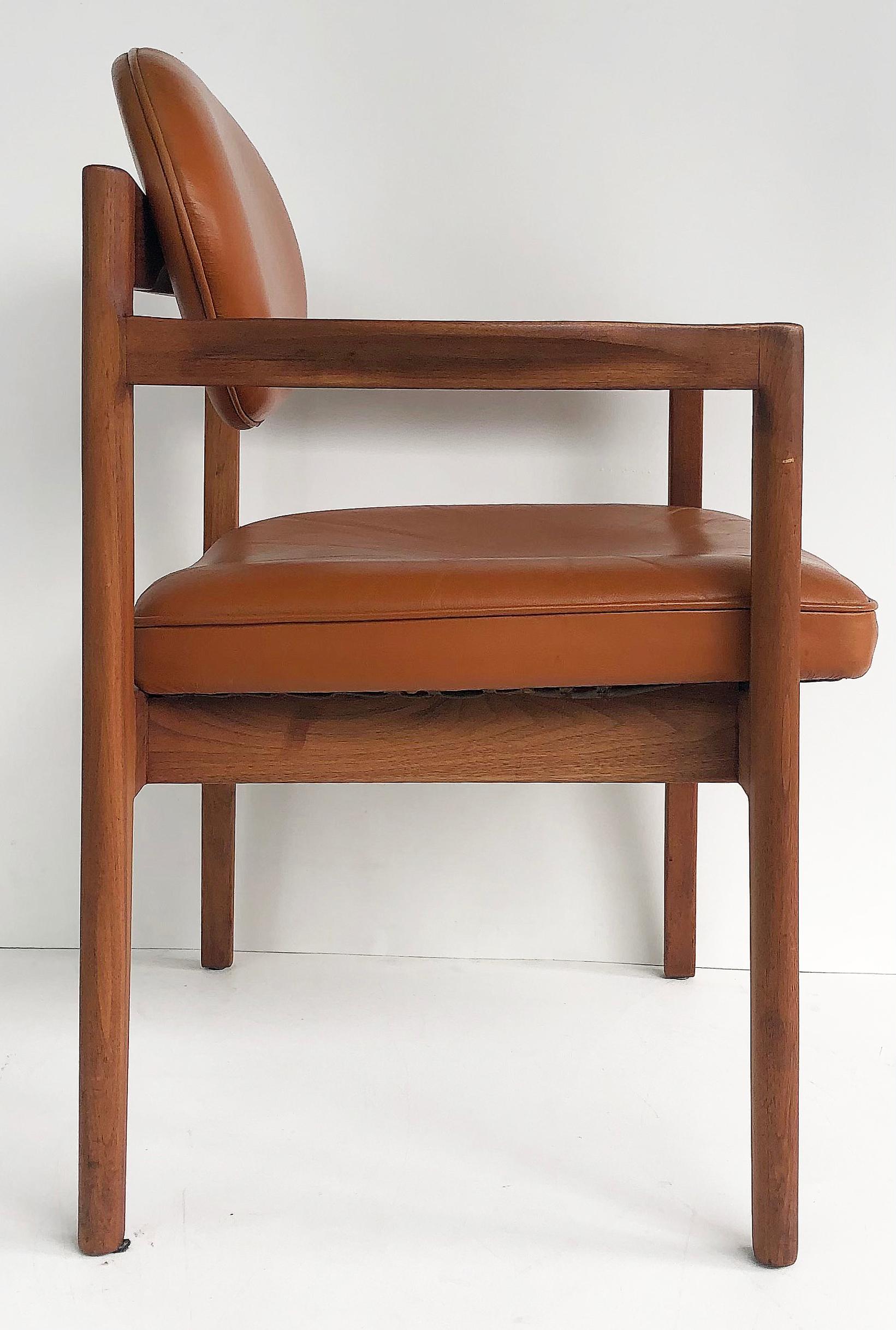 20th Century Jens Risom Design Pair of Oiled Walnut & Leather Upholstered Armchairs, c.1965 For Sale