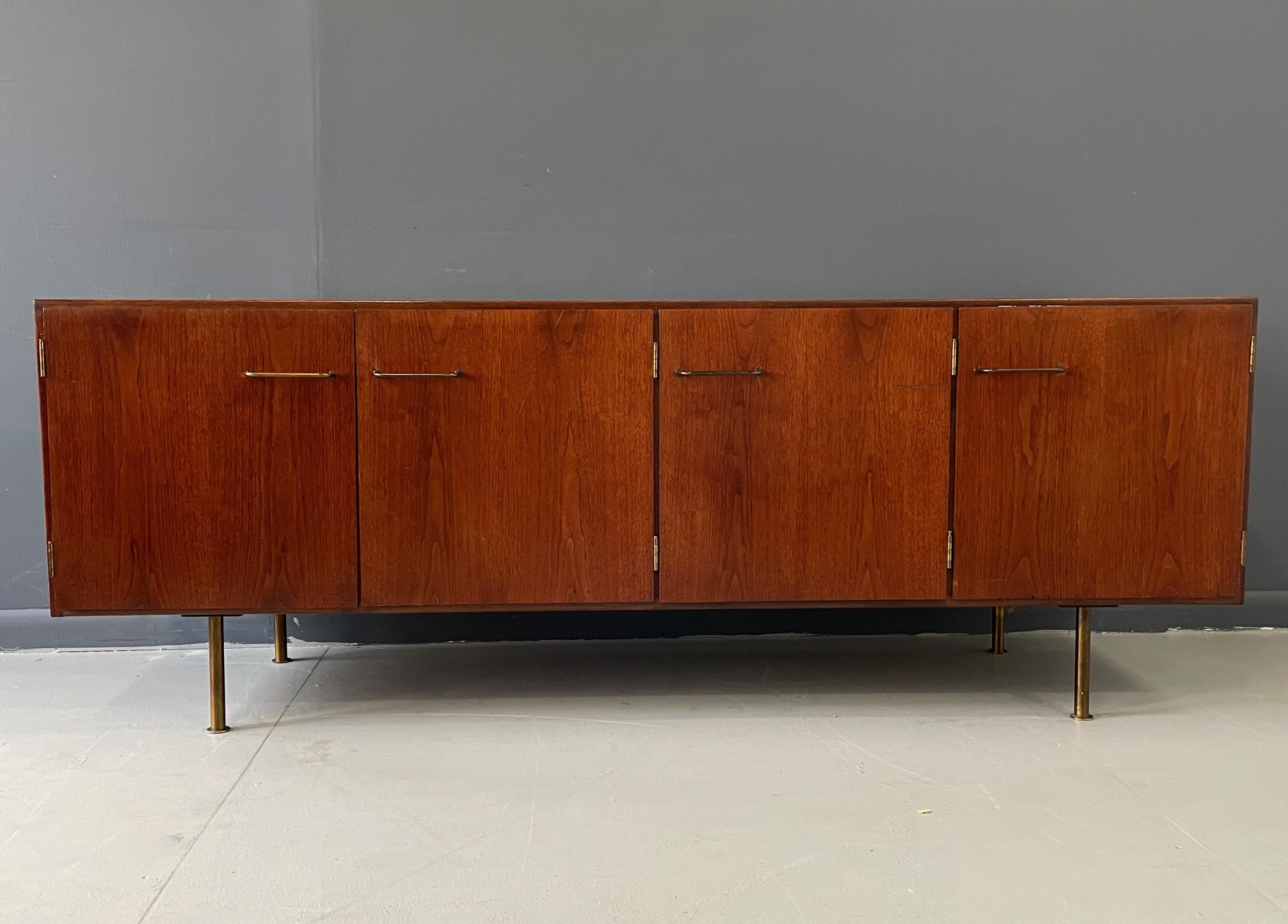 North American Jens Risom Early Walnut Credenza with Four Doors, Brass Pulls & Legs Mid Century