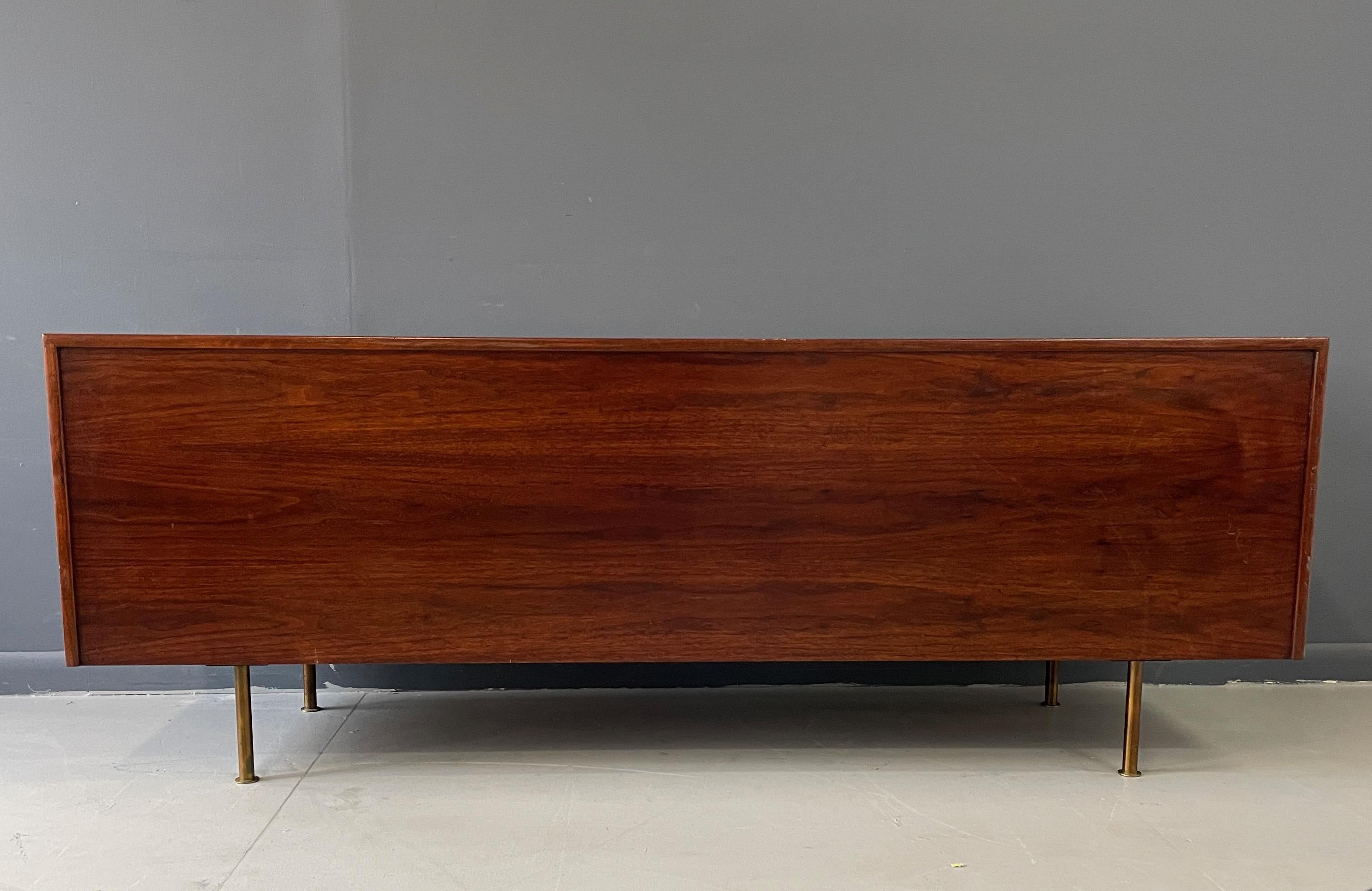 20th Century Jens Risom Early Walnut Credenza with Four Doors, Brass Pulls & Legs Mid Century