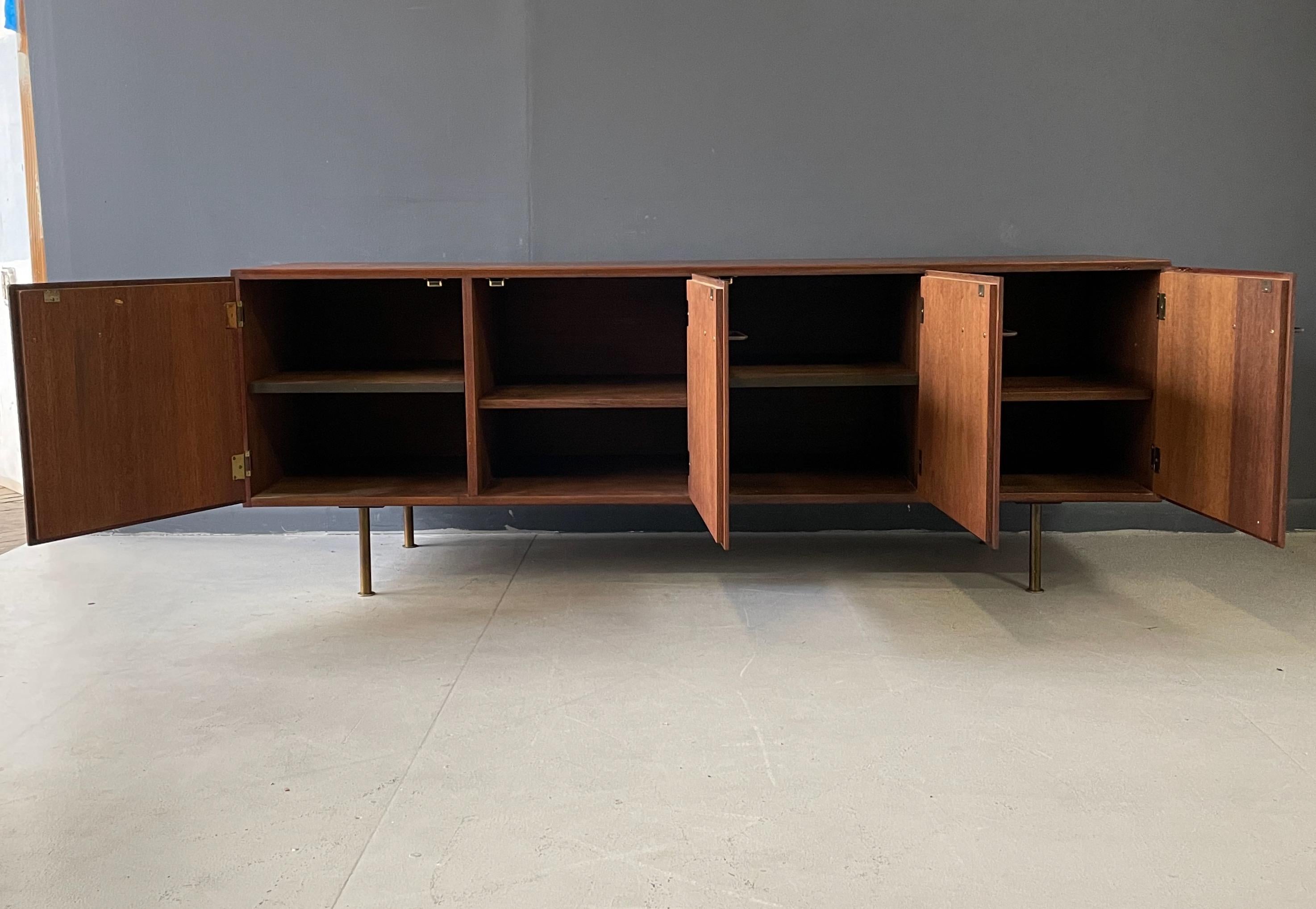 Jens Risom Early Walnut Credenza with Four Doors, Brass Pulls & Legs Mid Century 1