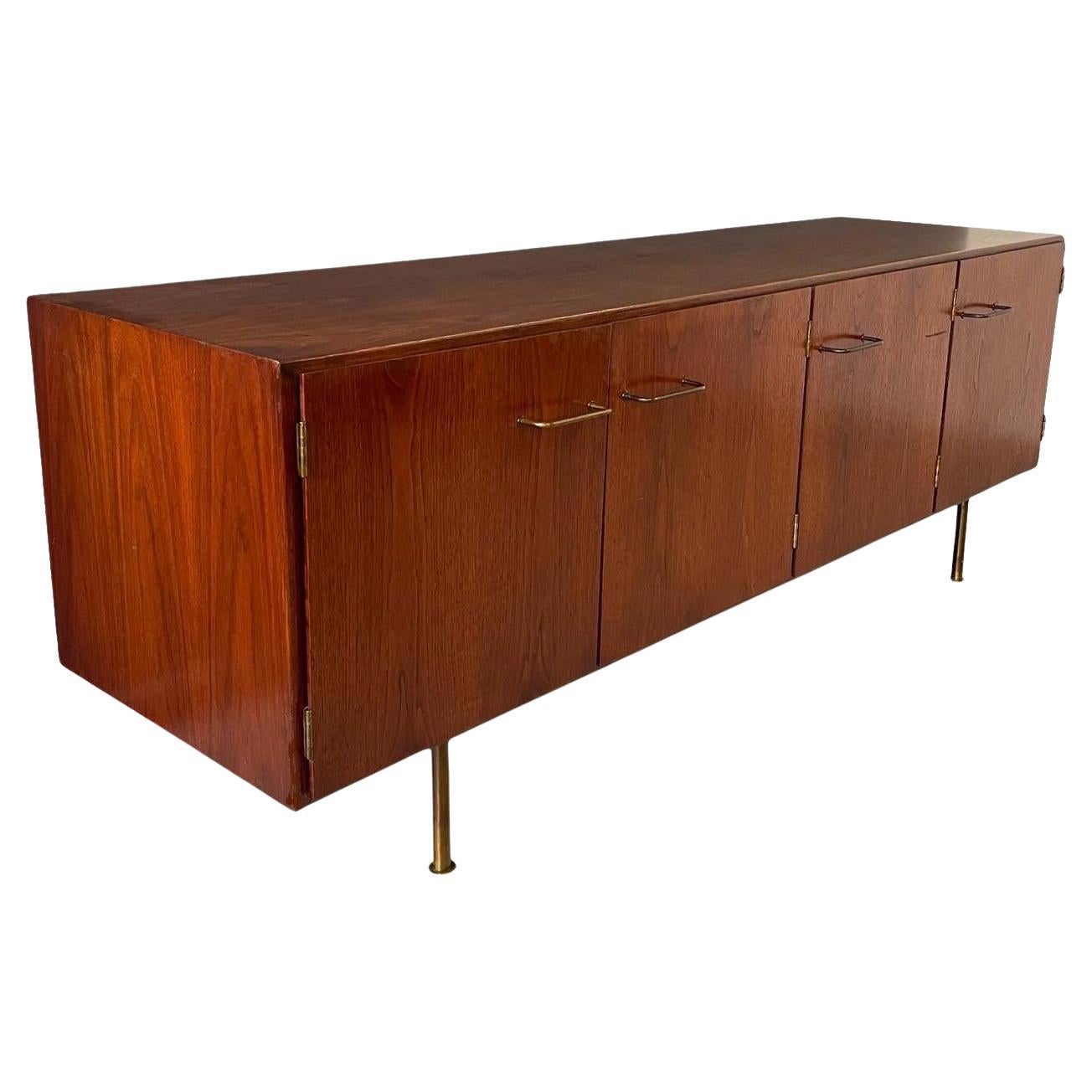 Jens Risom Early Walnut Credenza with Four Doors, Brass Pulls & Legs Mid Century