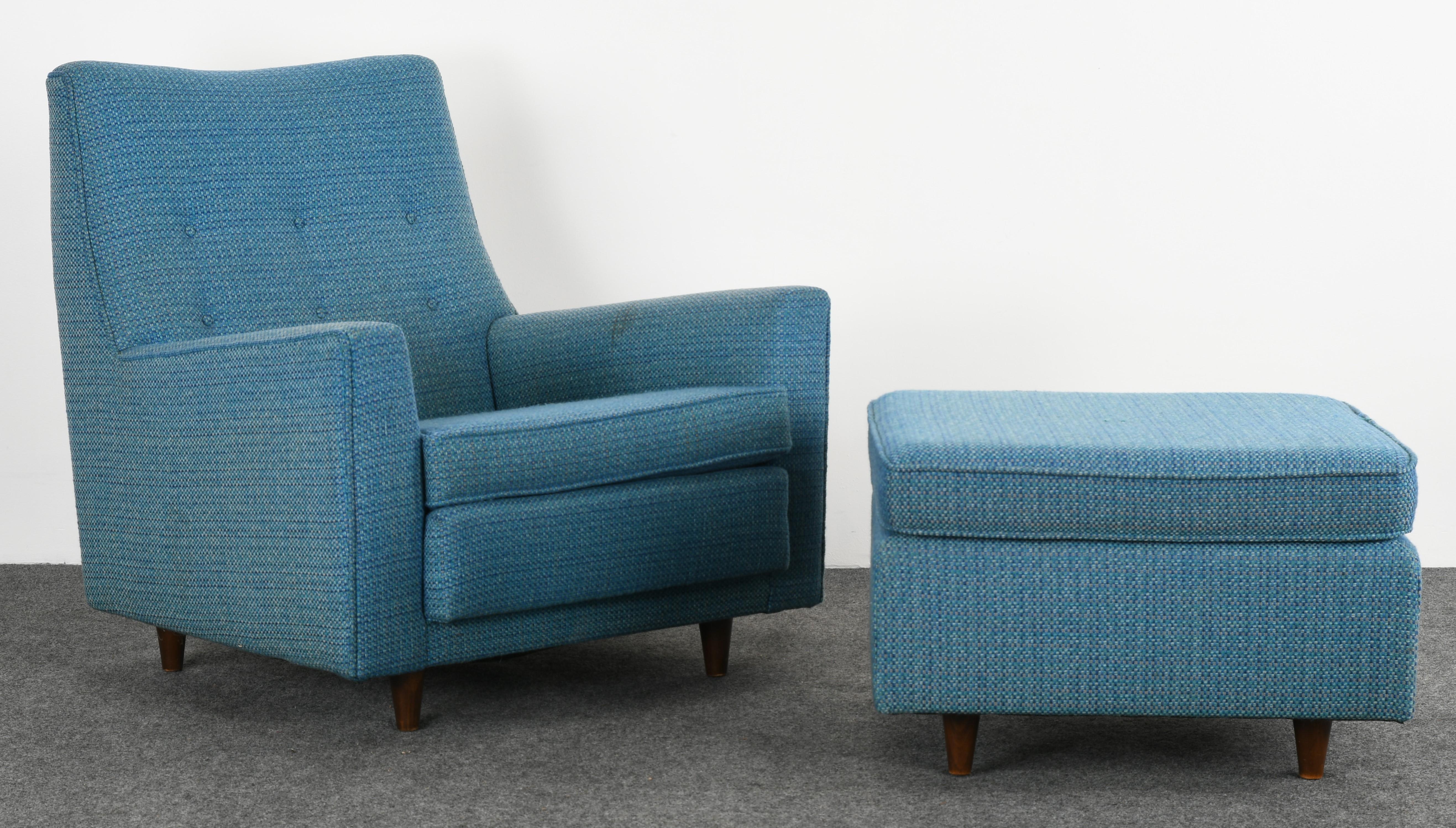 A Jens Risom lounge chair (Model Number U 333 Easy Chair) and matching ottoman (Model Number U 790). This chair and ottoman set are very comfortable. They are structurally sound with soft foam. Reupholstery is necessary. Special pricing down from