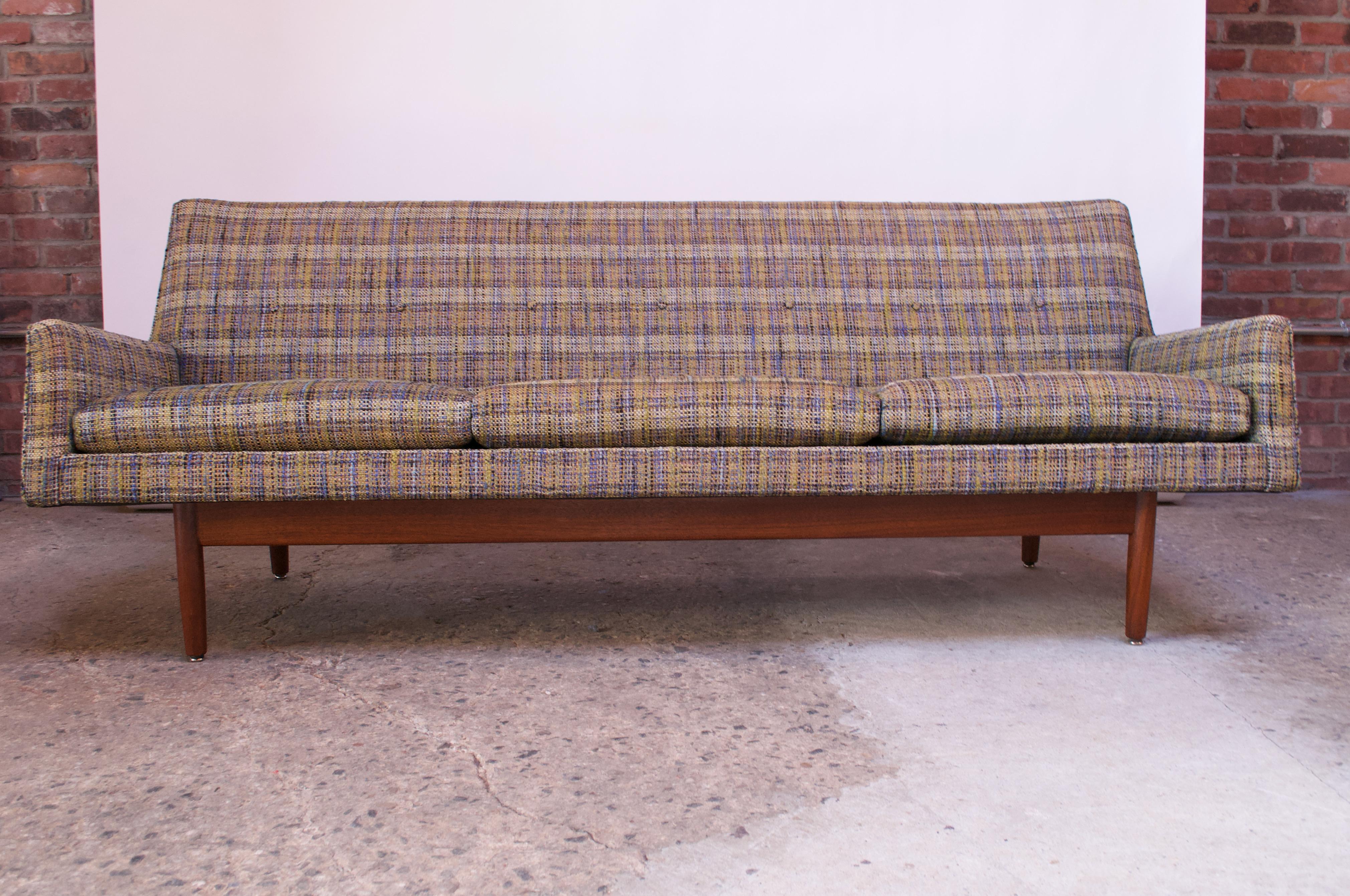 American Jens Risom Floating Sofa in Walnut with Original Tweed Upholstery