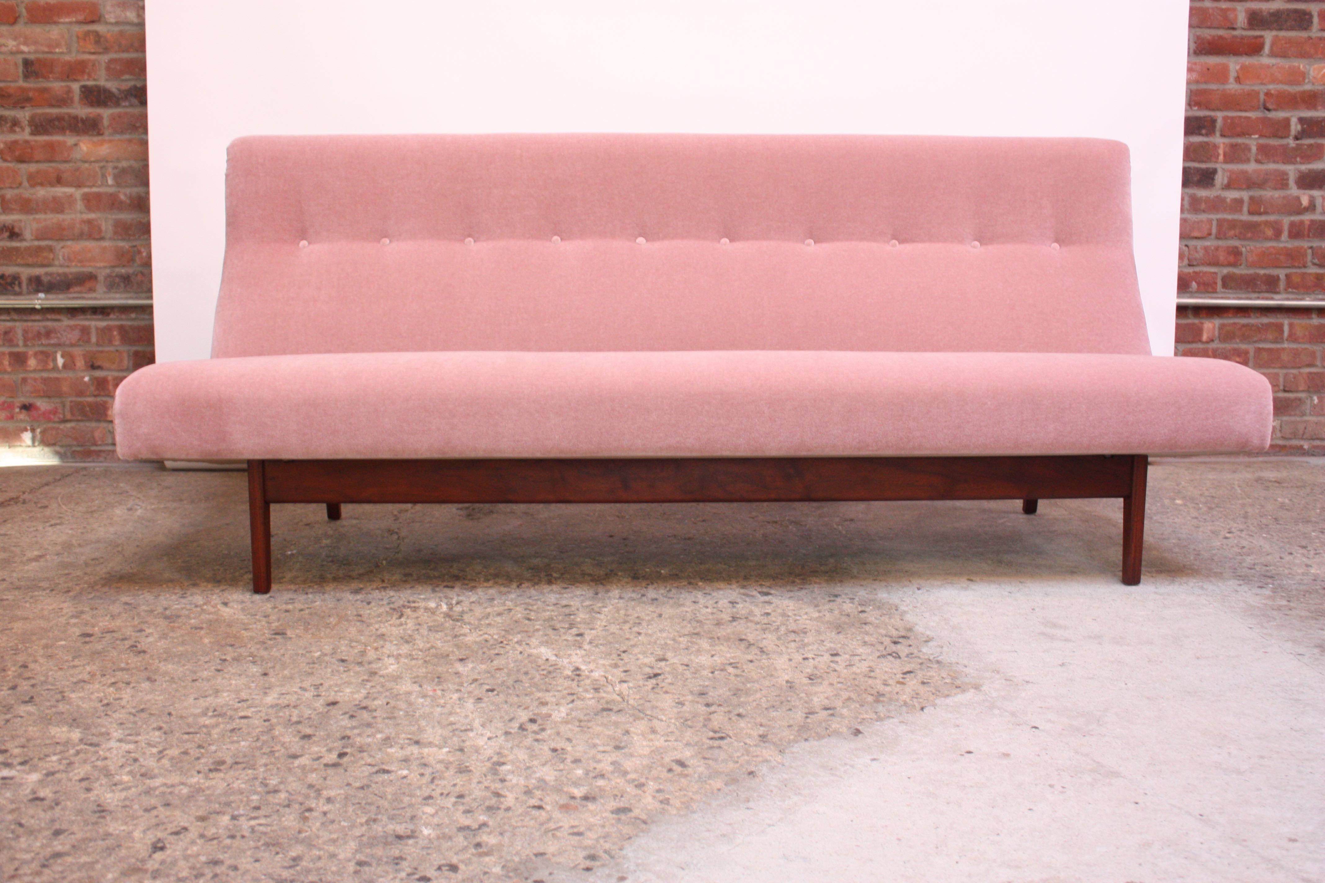 Mid-Century Modern Jens Risom Floating Three-Seat Armless Sofa in Walnut and Mohair